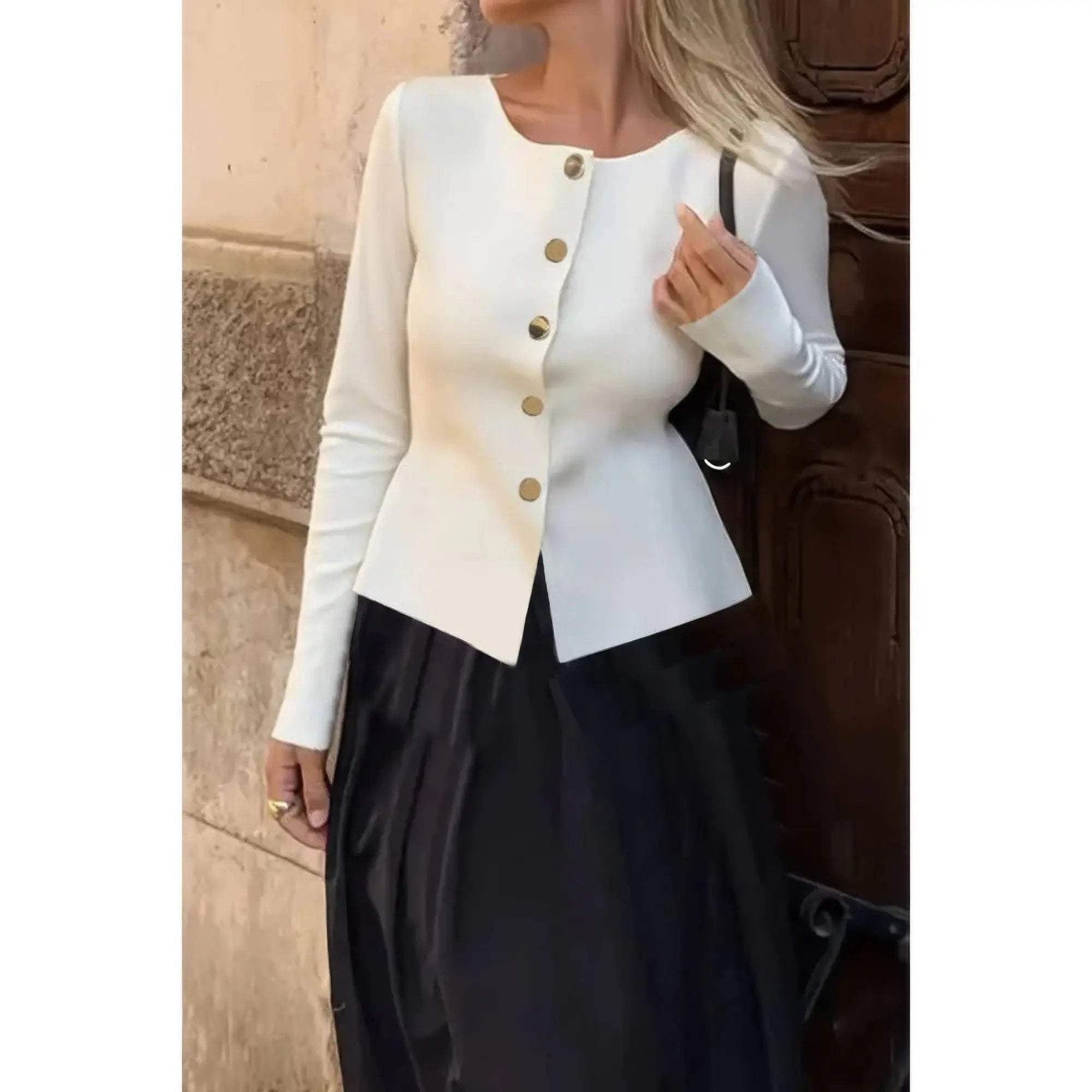 Knit Round Neck Button Up Long Sleeves Sweater - DressAffection