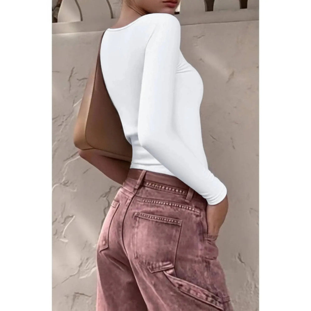 Knit Scoop Square Neck Long Sleeve Fit Shirt - DressAffection