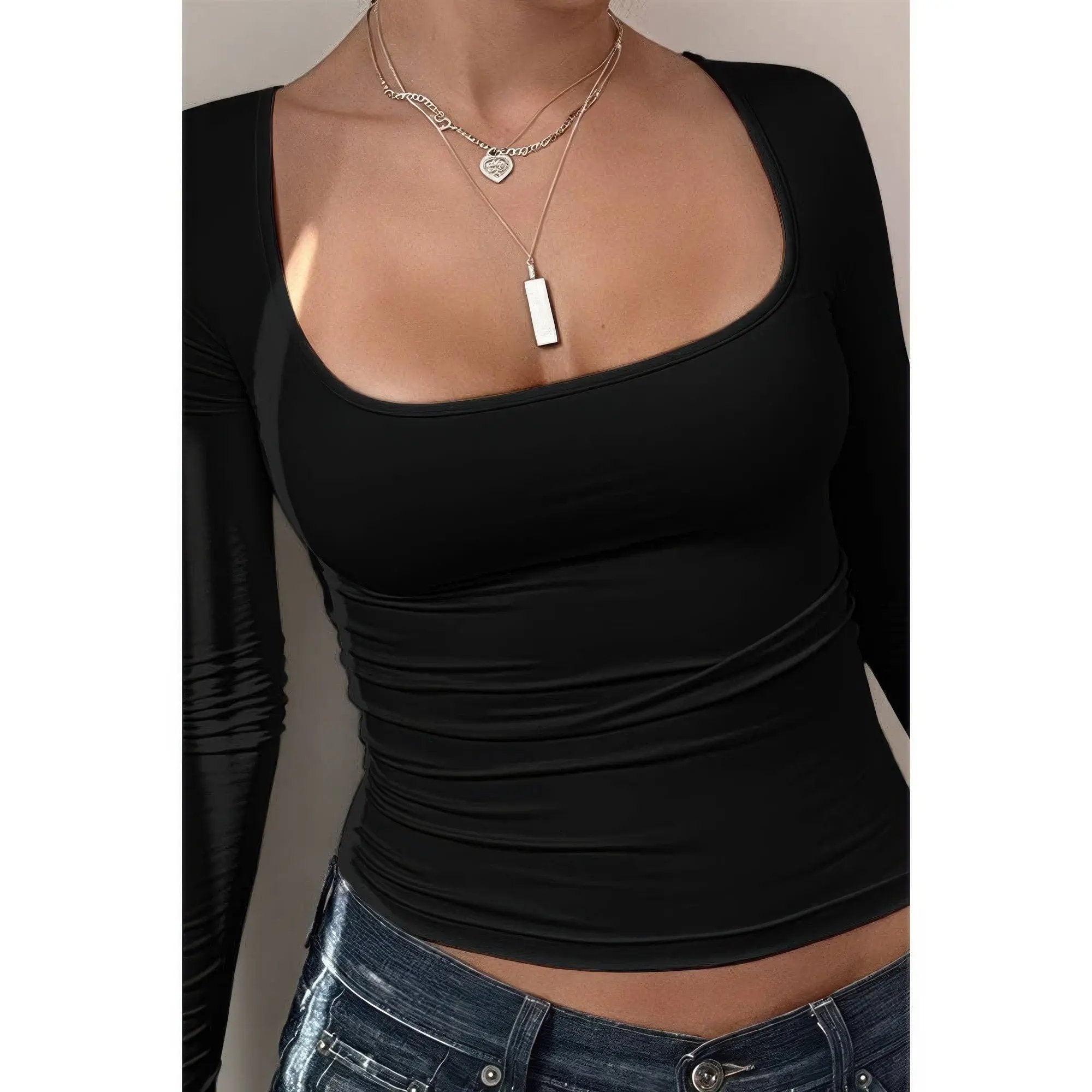 Knit Scoop Square Neck Long Sleeve Fit Shirt - DressAffection