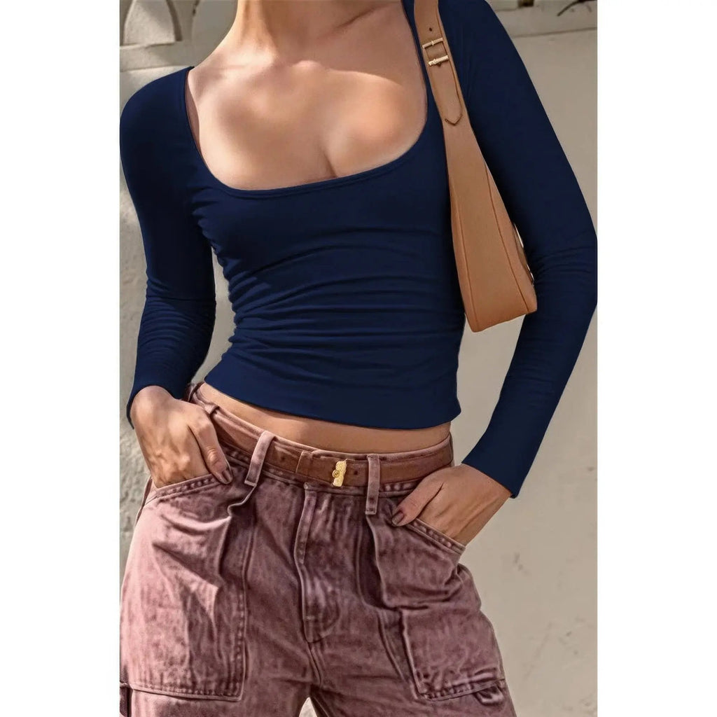 Knit Scoop Square Neck Long Sleeve Fit Shirt - DressAffection