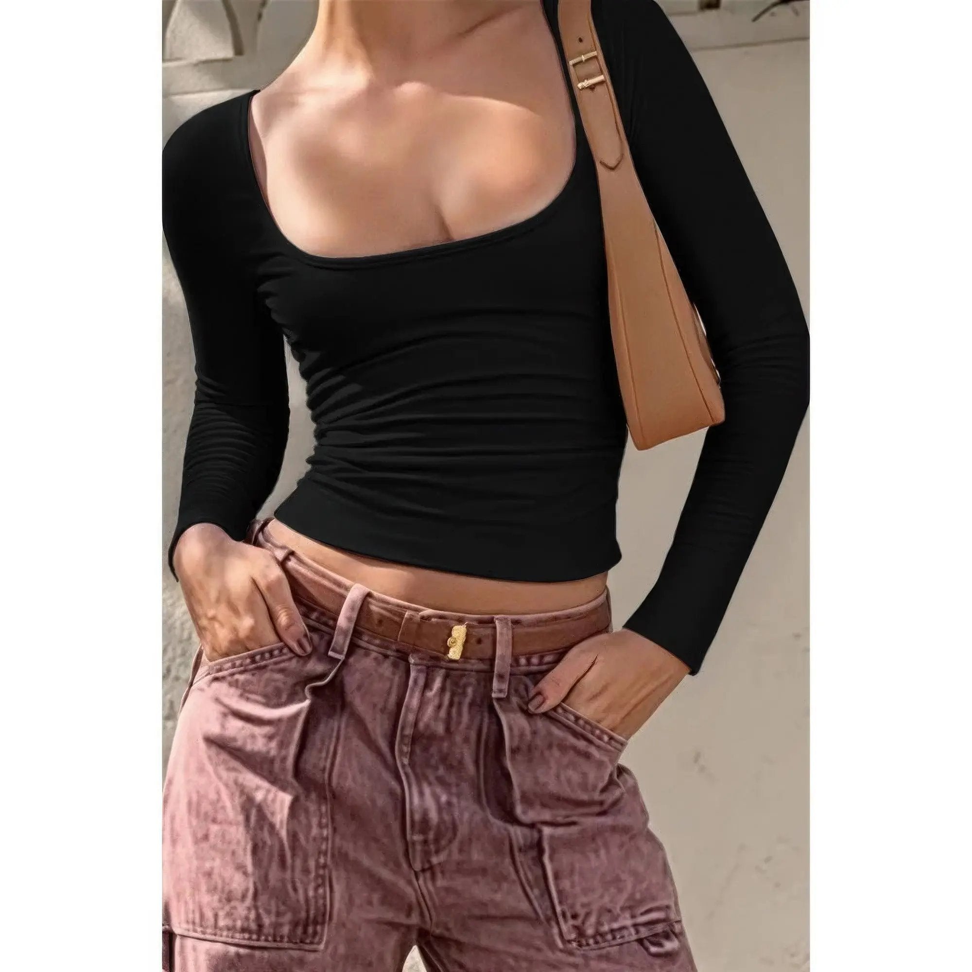 Knit Scoop Square Neck Long Sleeve Fit Shirt - DressAffection