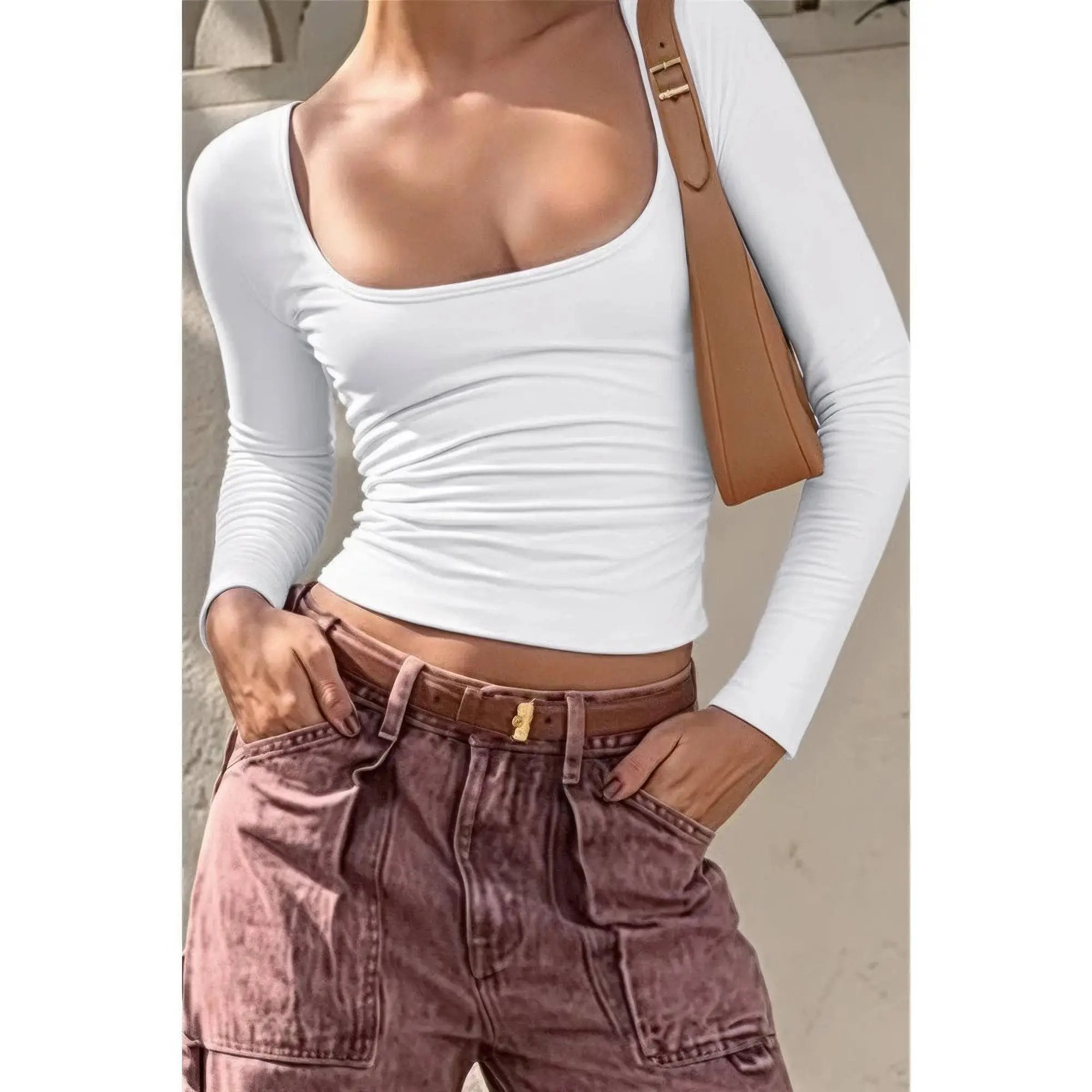 Knit Scoop Square Neck Long Sleeve Fit Shirt - DressAffection