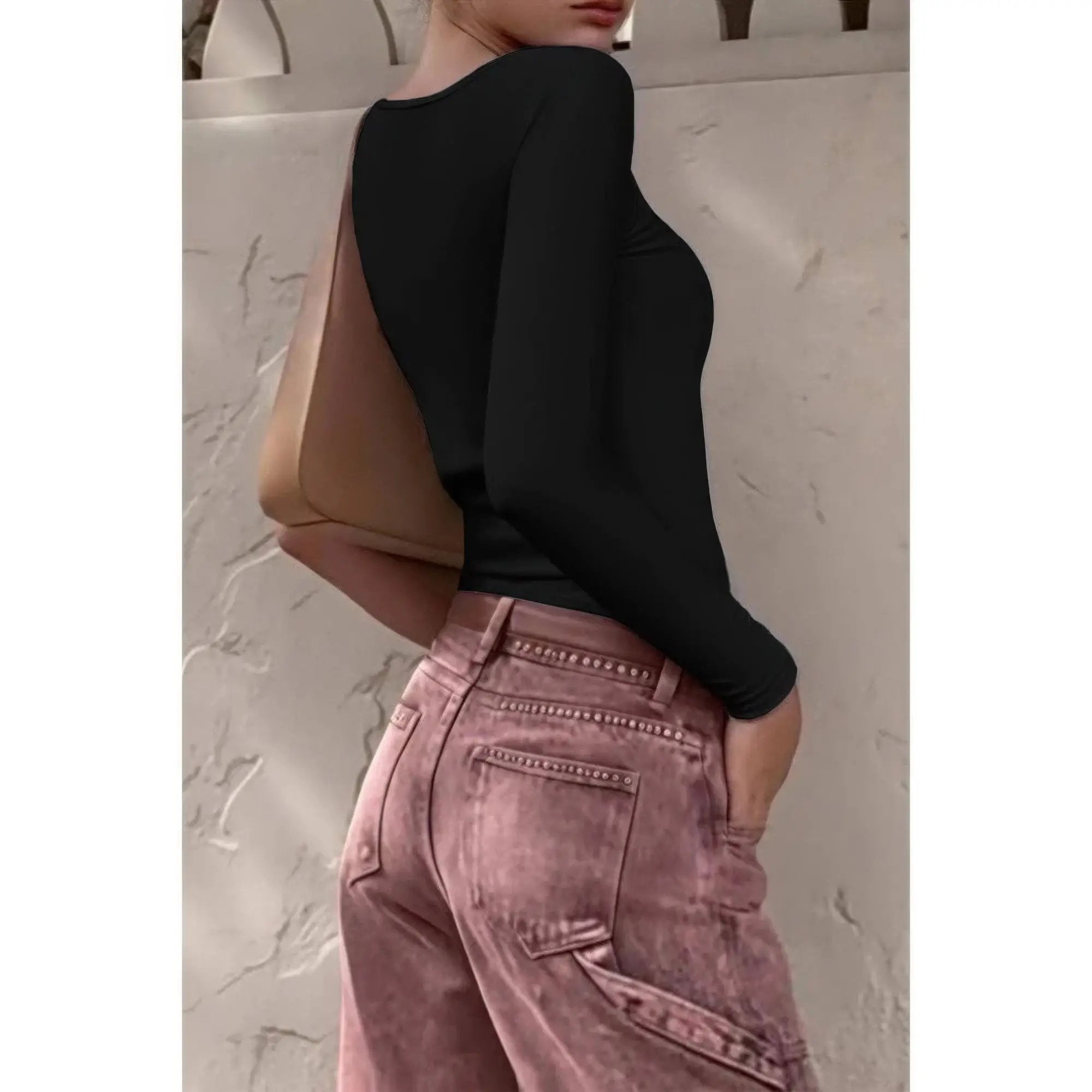 Knit Scoop Square Neck Long Sleeve Fit Shirt - DressAffection