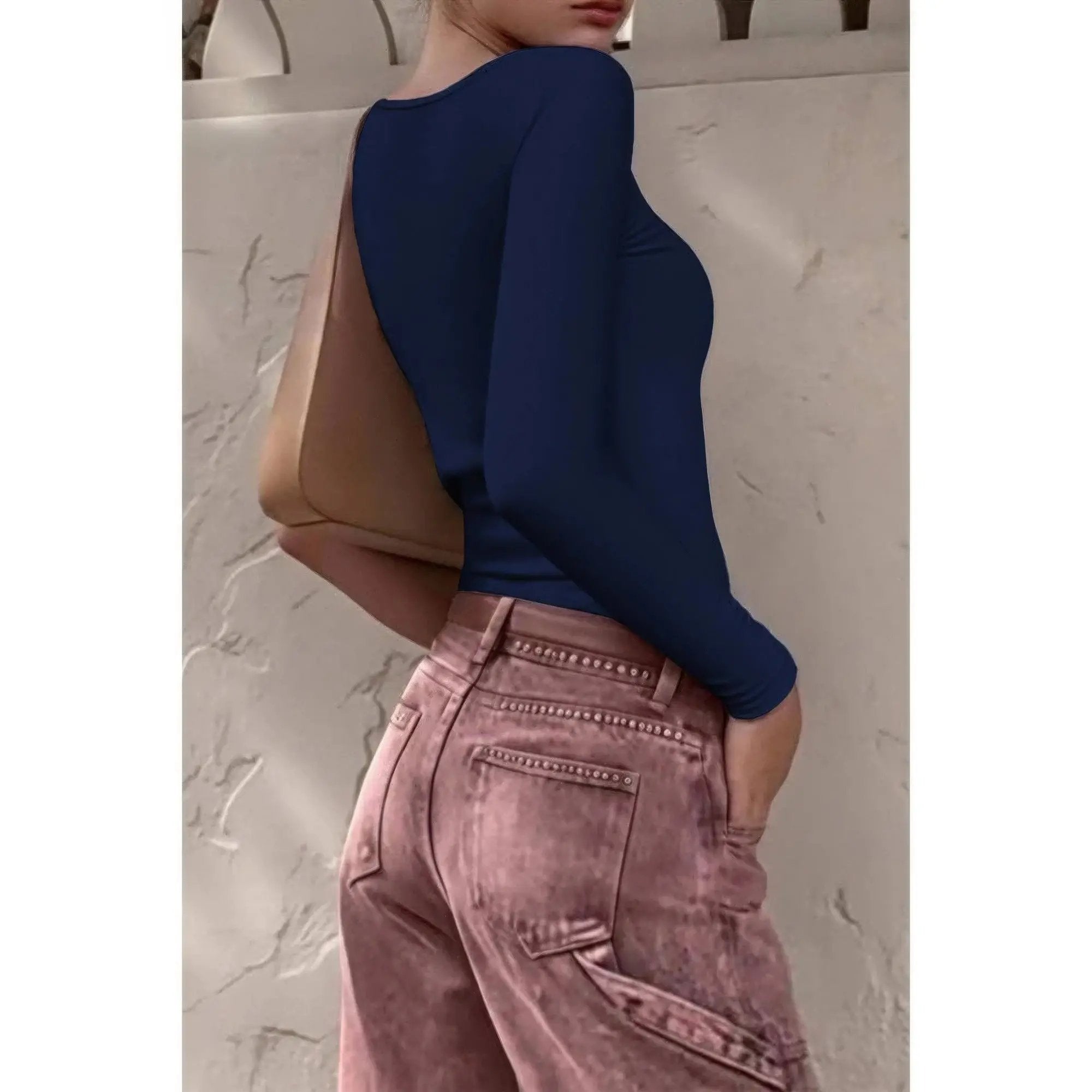 Knit Scoop Square Neck Long Sleeve Fit Shirt - DressAffection