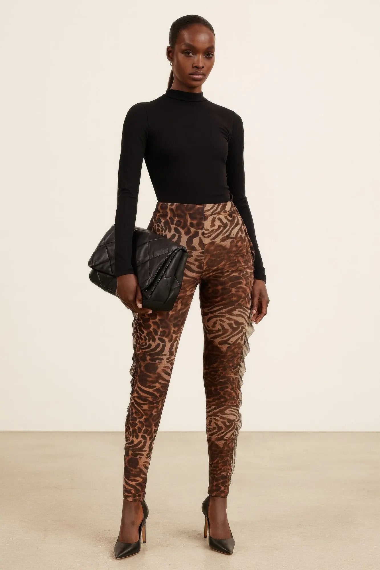 Leopard Side Ruffle Printed Pants - DressAffection