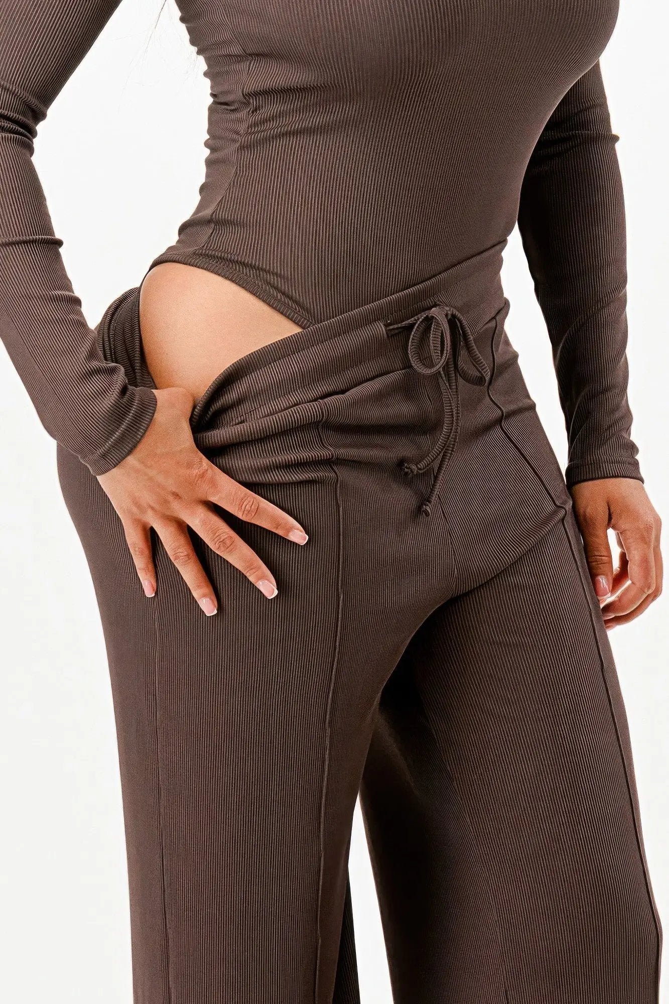 Long Sleeve Ribbed Bodysuit And Pants Set - DressAffection