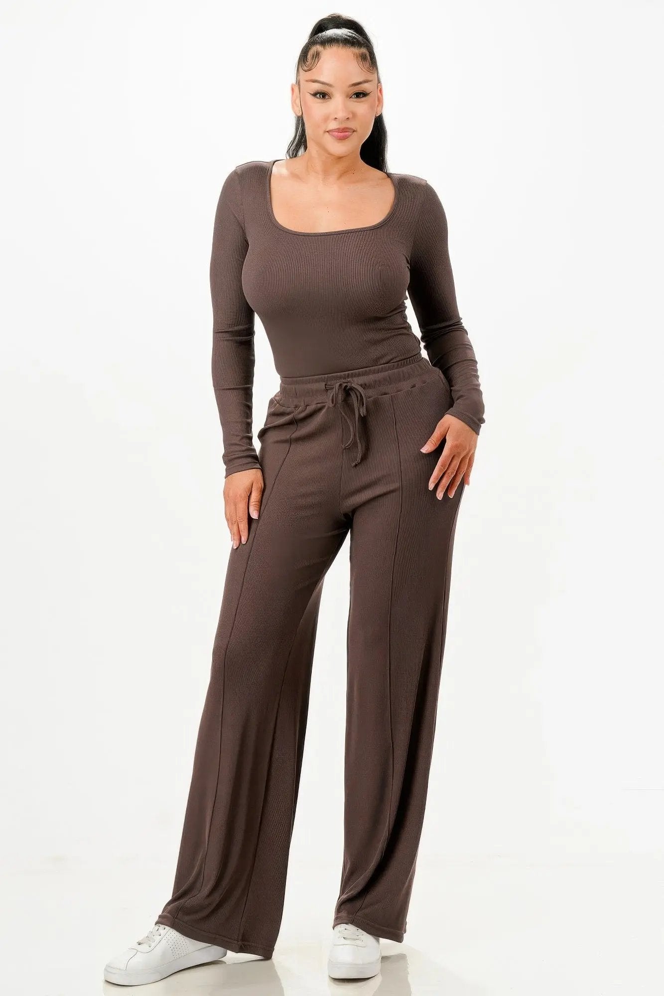 Long Sleeve Ribbed Bodysuit And Pants Set - DressAffection
