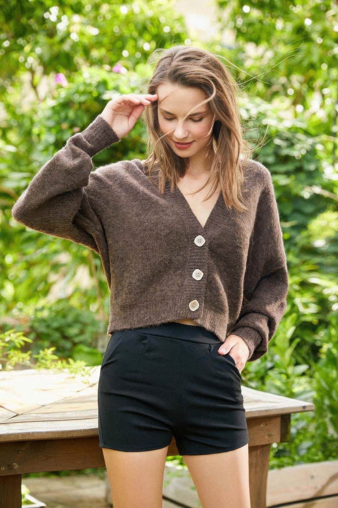 Low V-neck Button Sweater Top - DressAffection