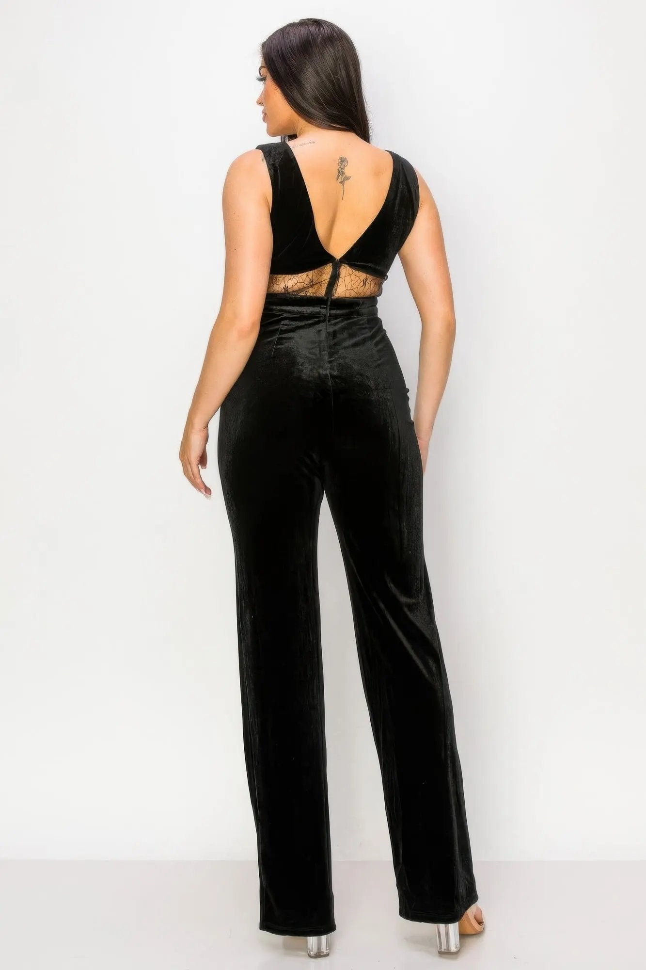 Luxurious Ease Black Lace Cut Out Velvet Jumpsuit - DressAffection