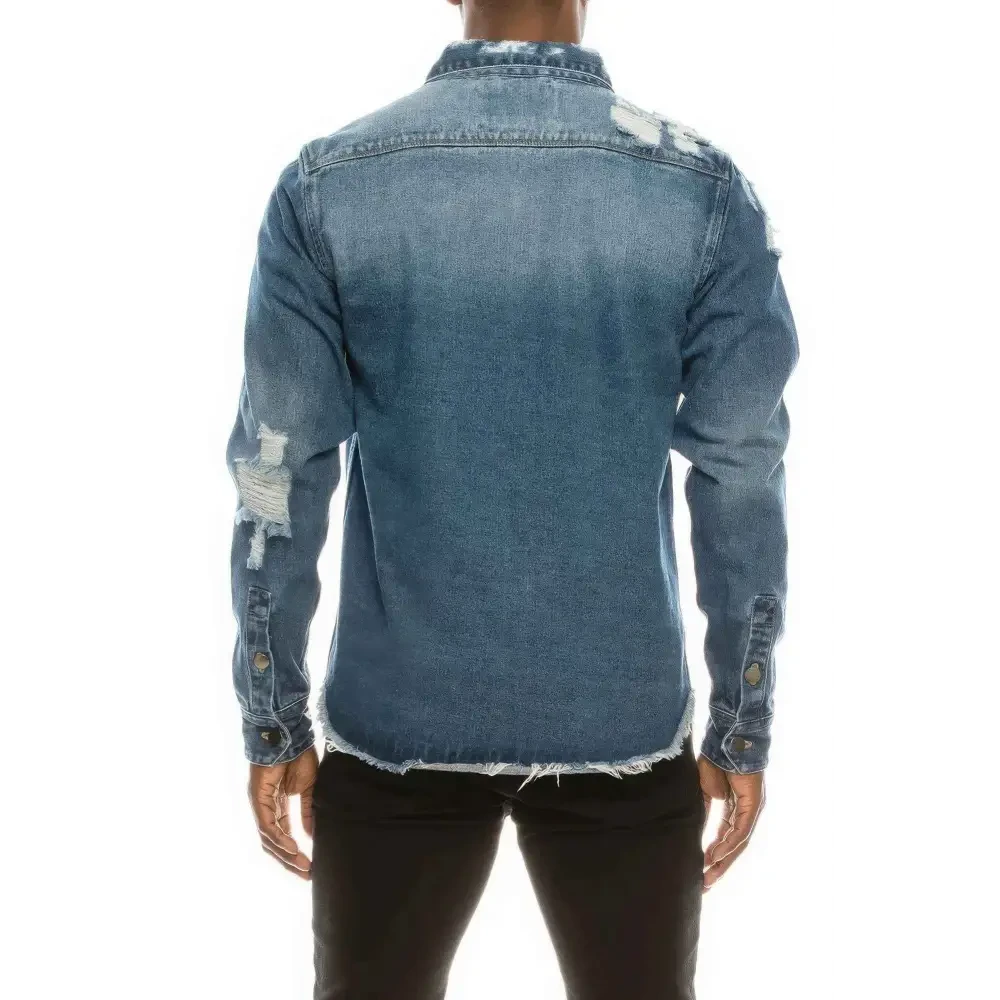 Men's Ripped Denim Overshirt - DressAffection