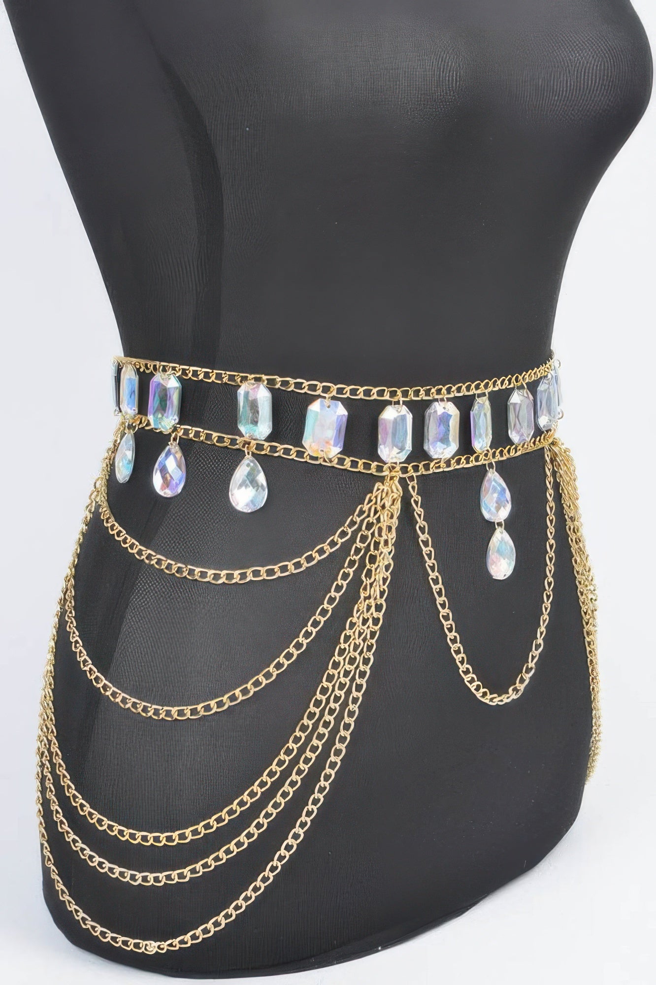 Metal Layered Chain Belt W/acrylic Stone - DressAffection