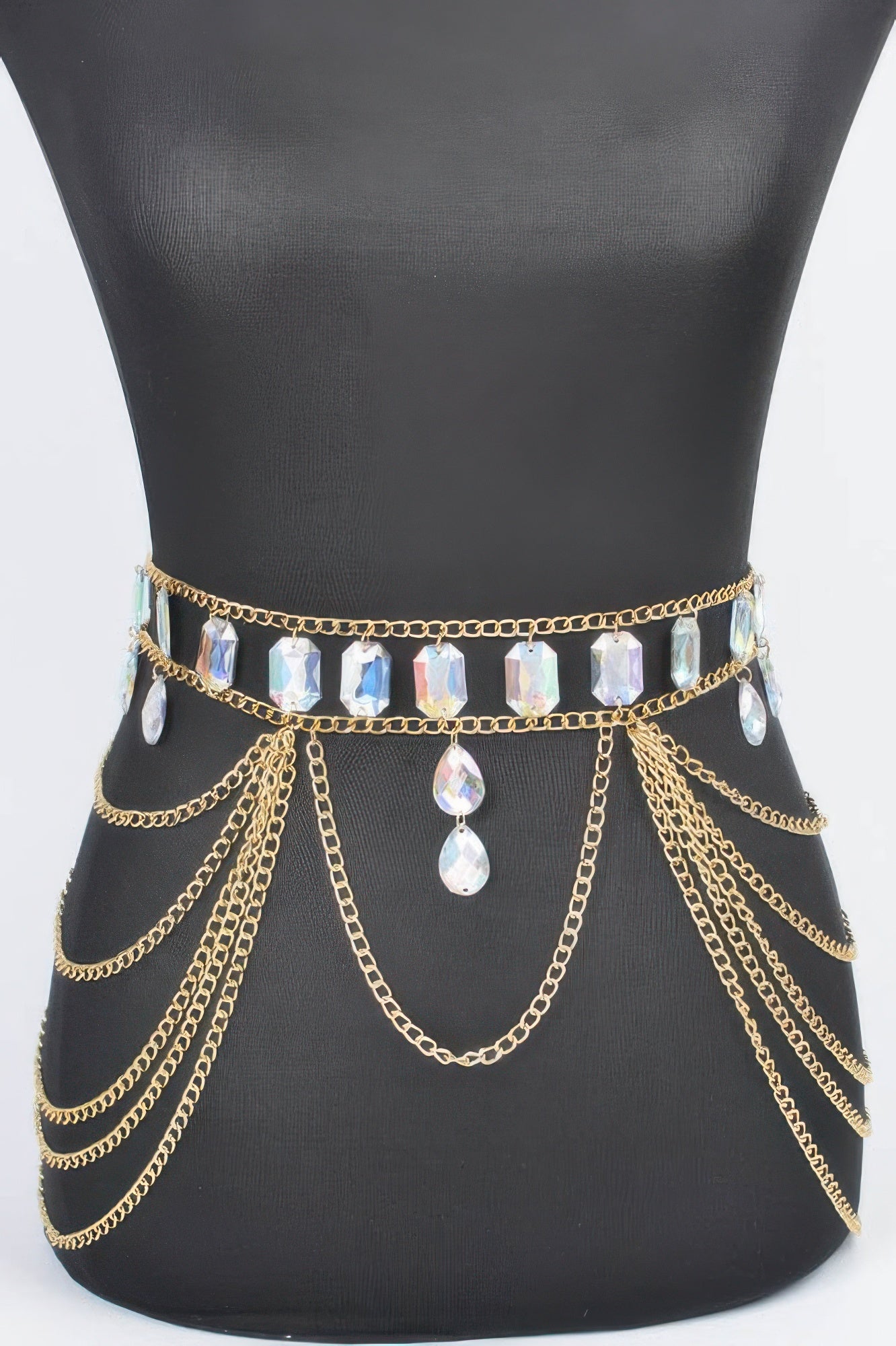 Metal Layered Chain Belt W/acrylic Stone - DressAffection