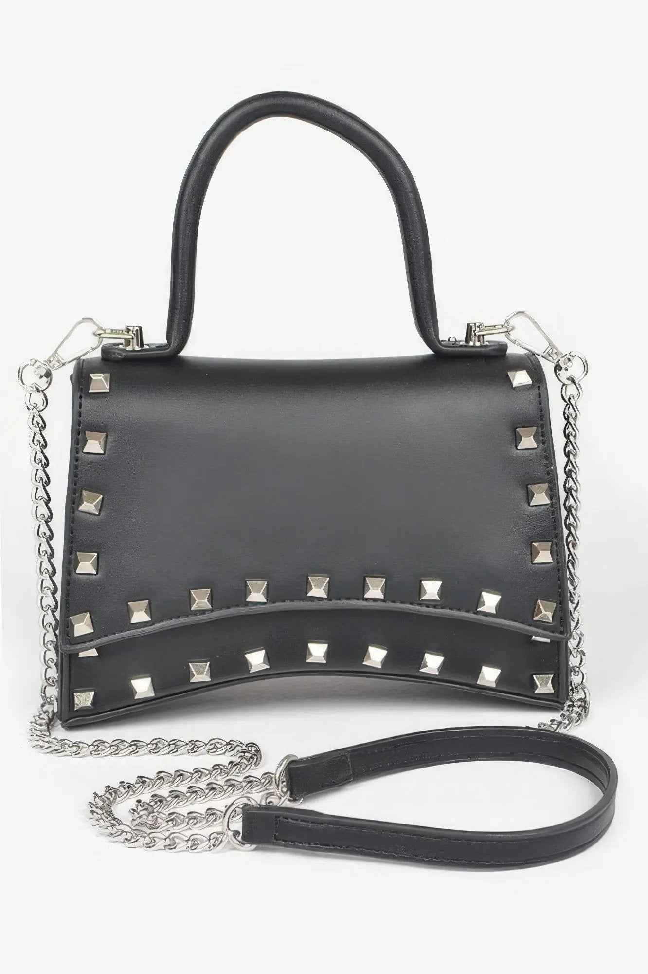 Metallic Faux Leather Studded Top Handle Clutch