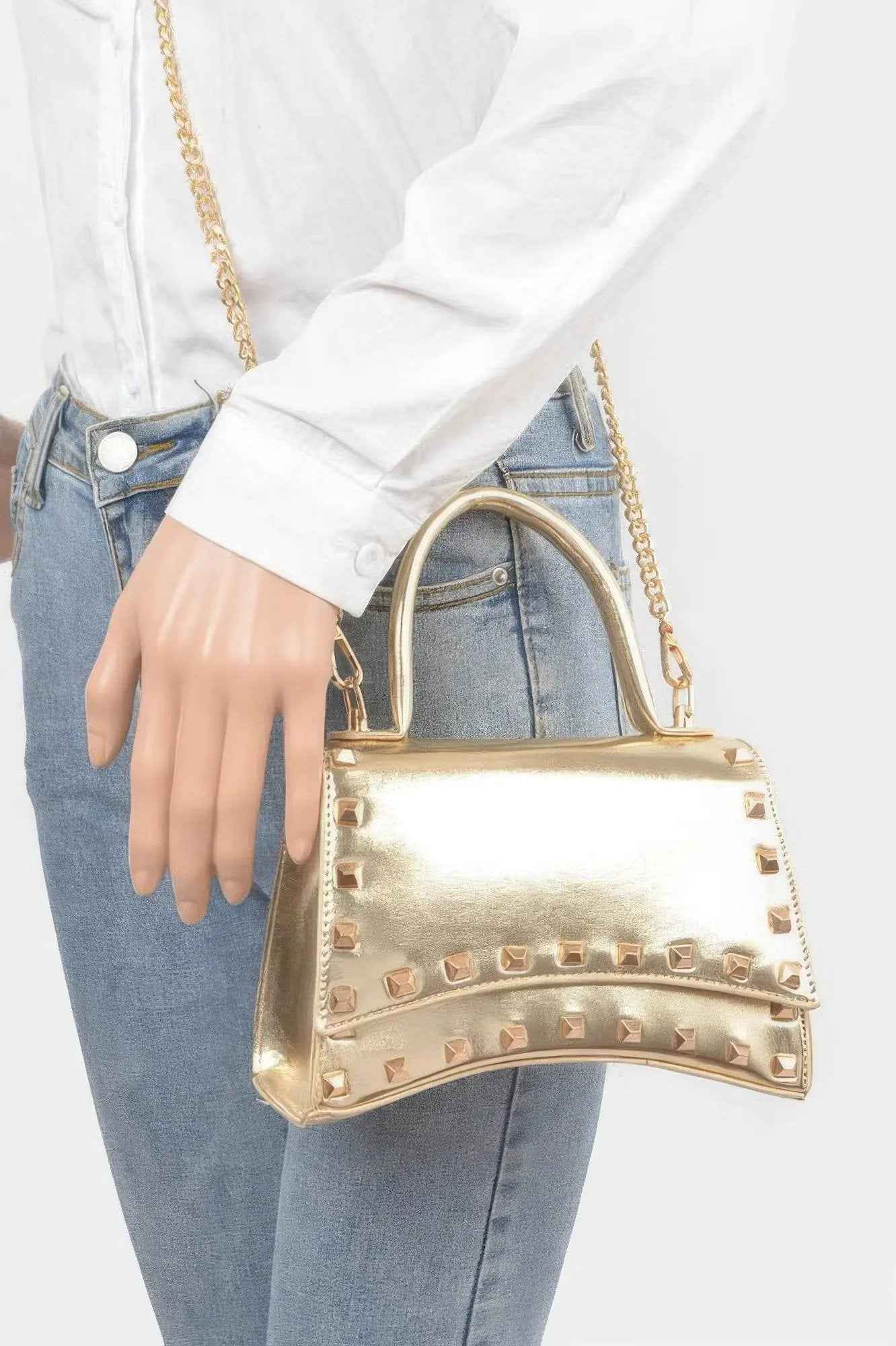 Metallic Faux Leather Studded Top Handle Clutch