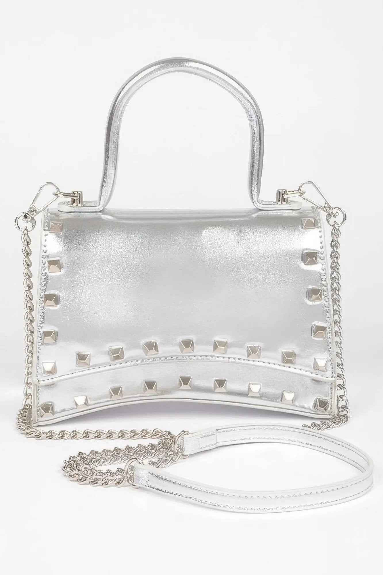 Metallic Faux Leather Studded Top Handle Clutch