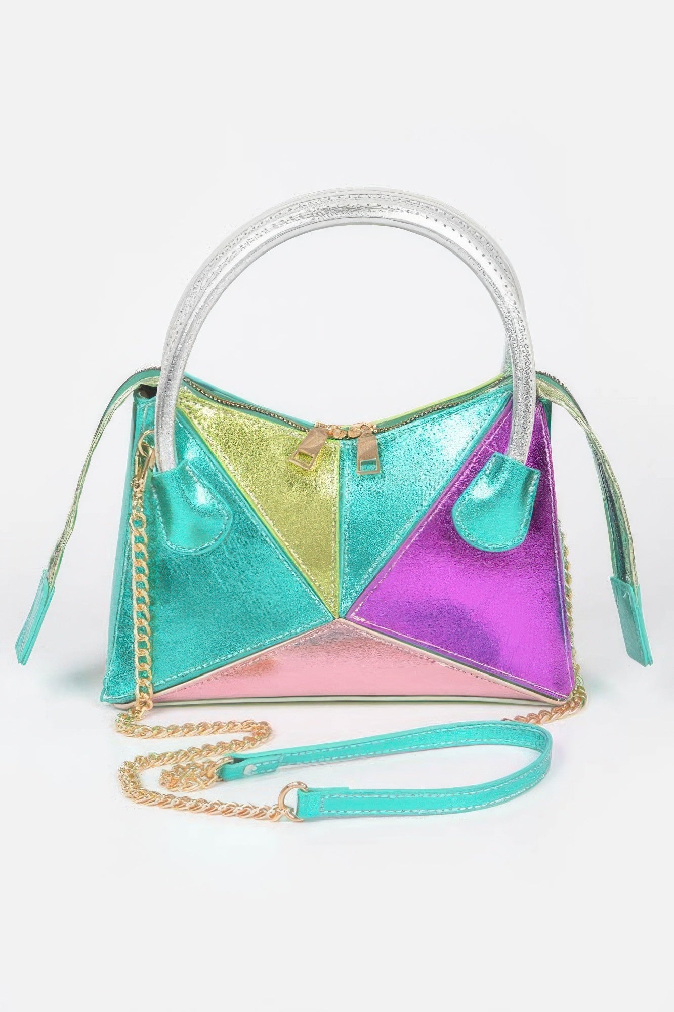 Metallic Multi Color Top Handle Bag - DressAffection