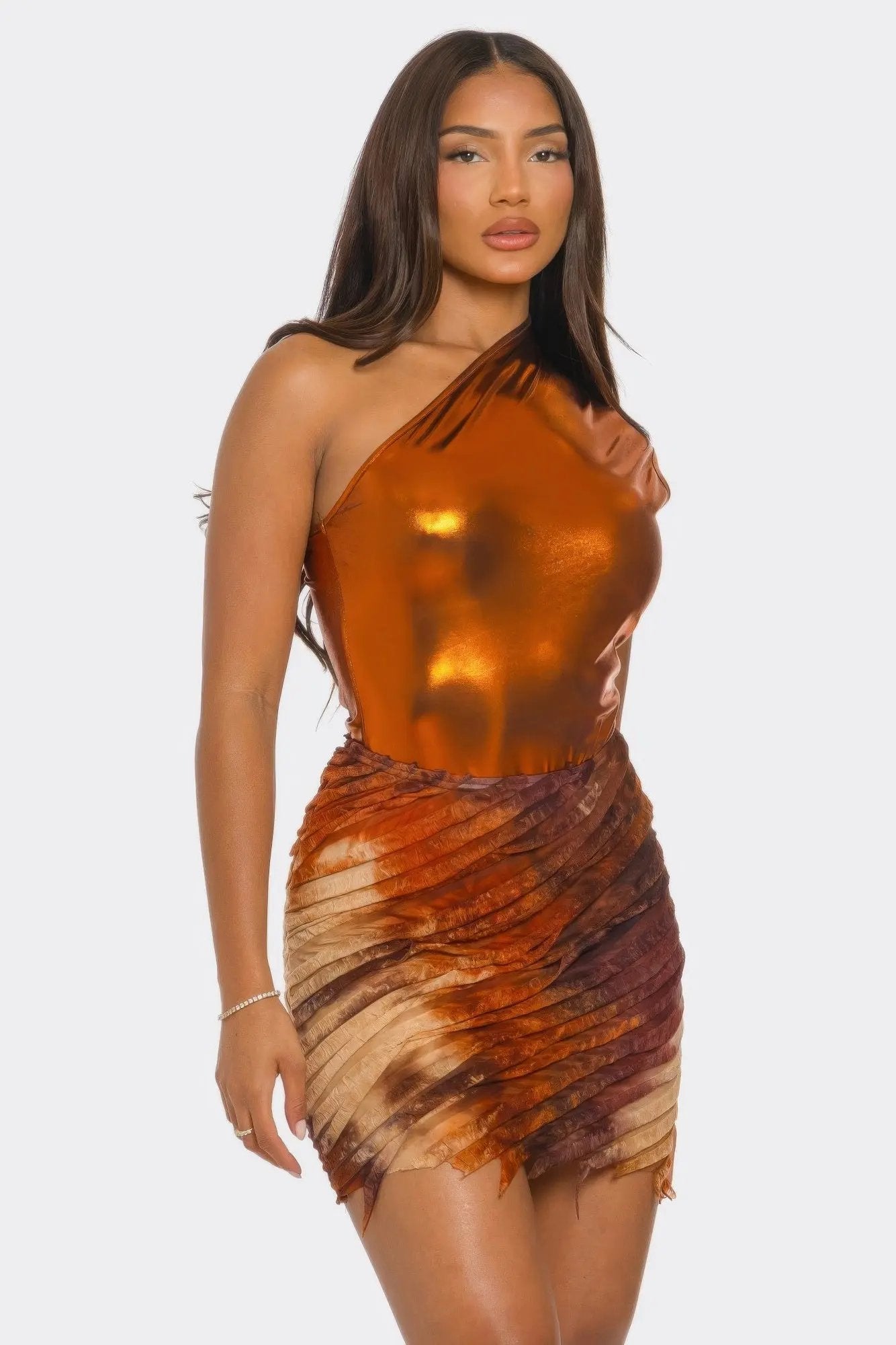Metallic One Shoulder Bodysuit & Mini Skirt Set - DressAffection