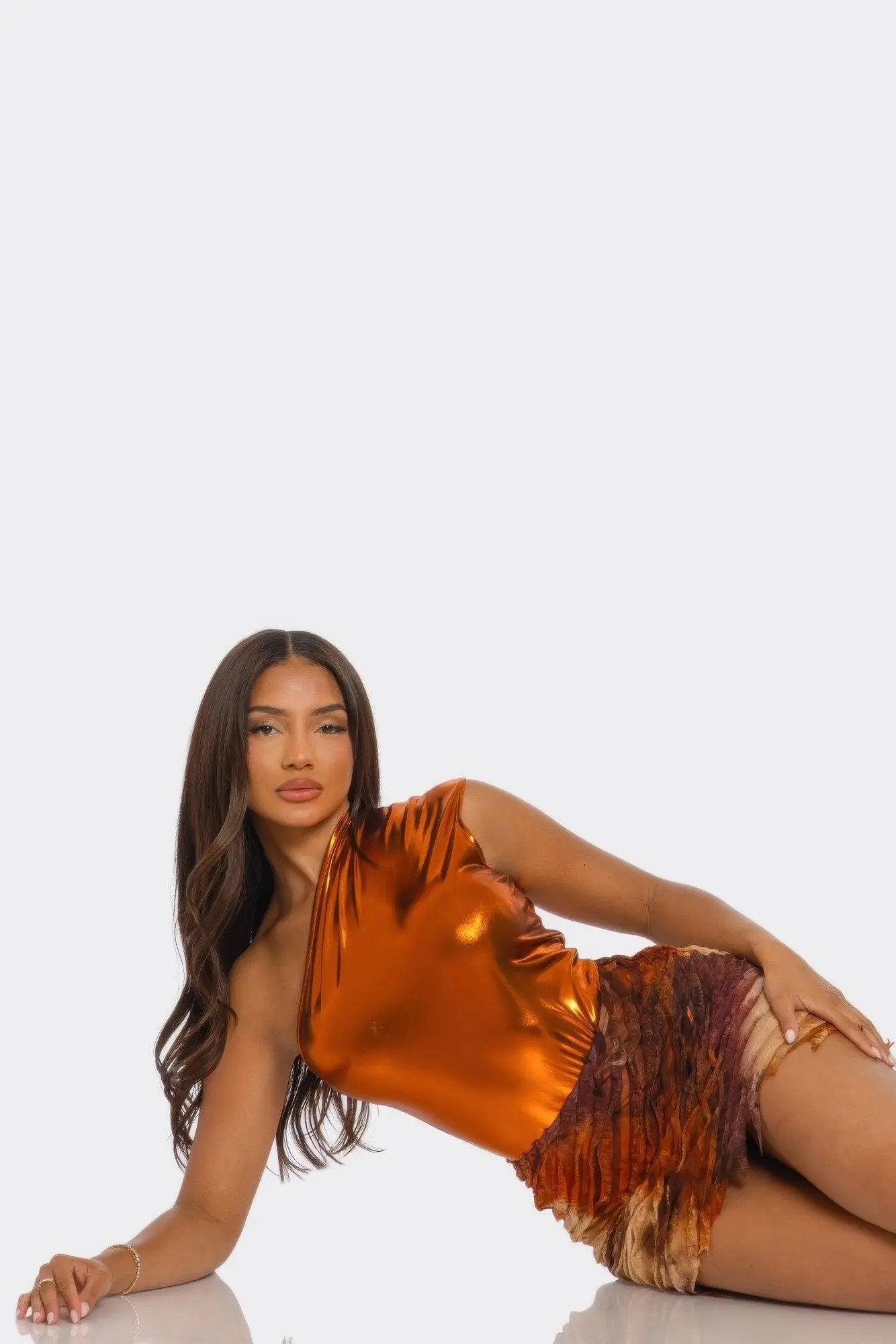 Metallic One Shoulder Bodysuit & Mini Skirt Set - DressAffection
