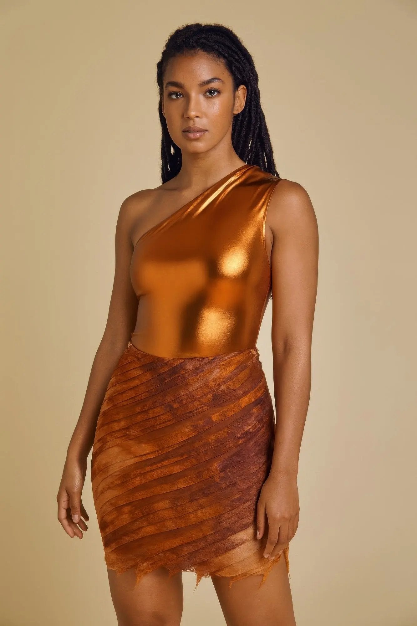 Metallic One Shoulder Bodysuit & Mini Skirt Set - DressAffection