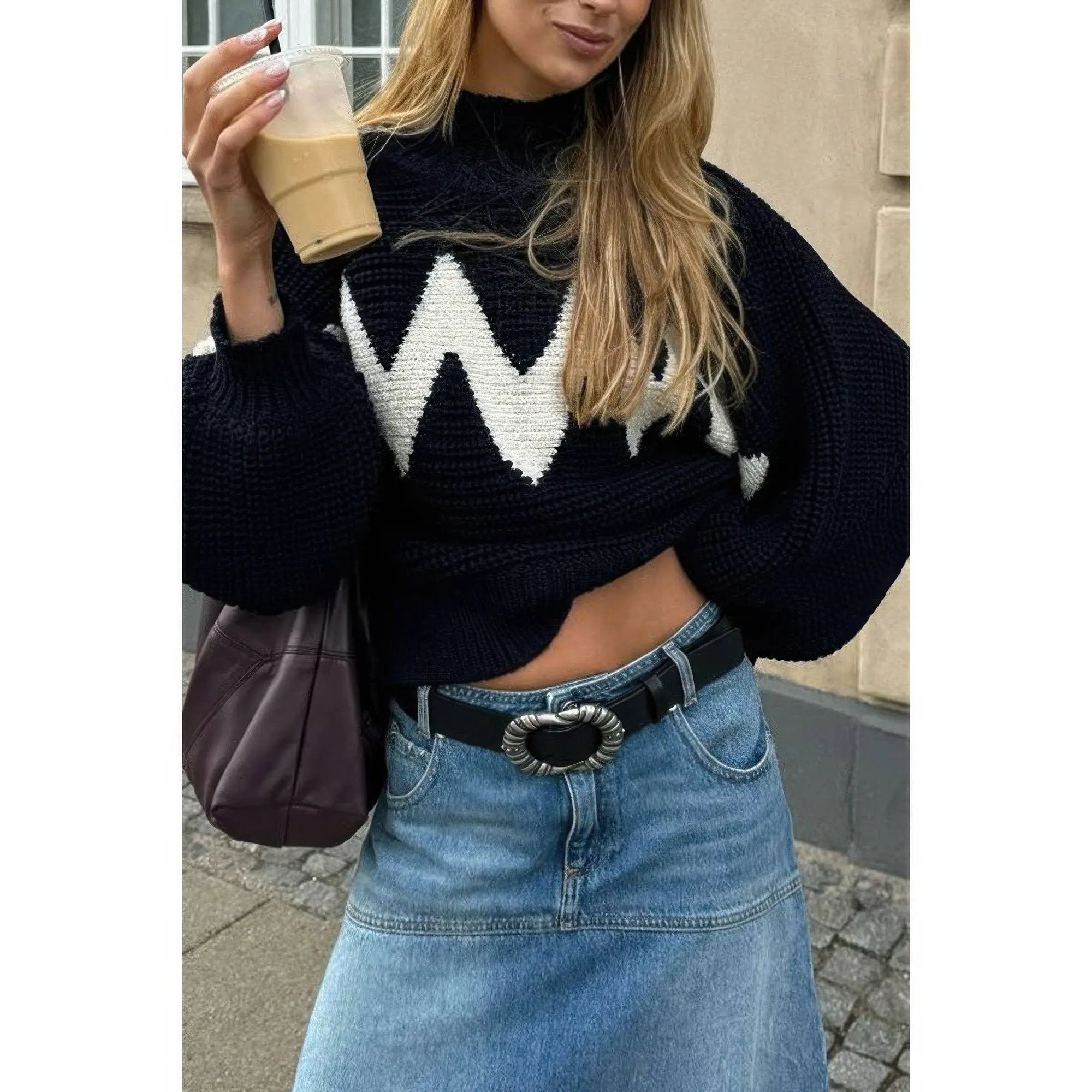 Mock Neck Contrast Binding Long Sleeve Sweater - DressAffection