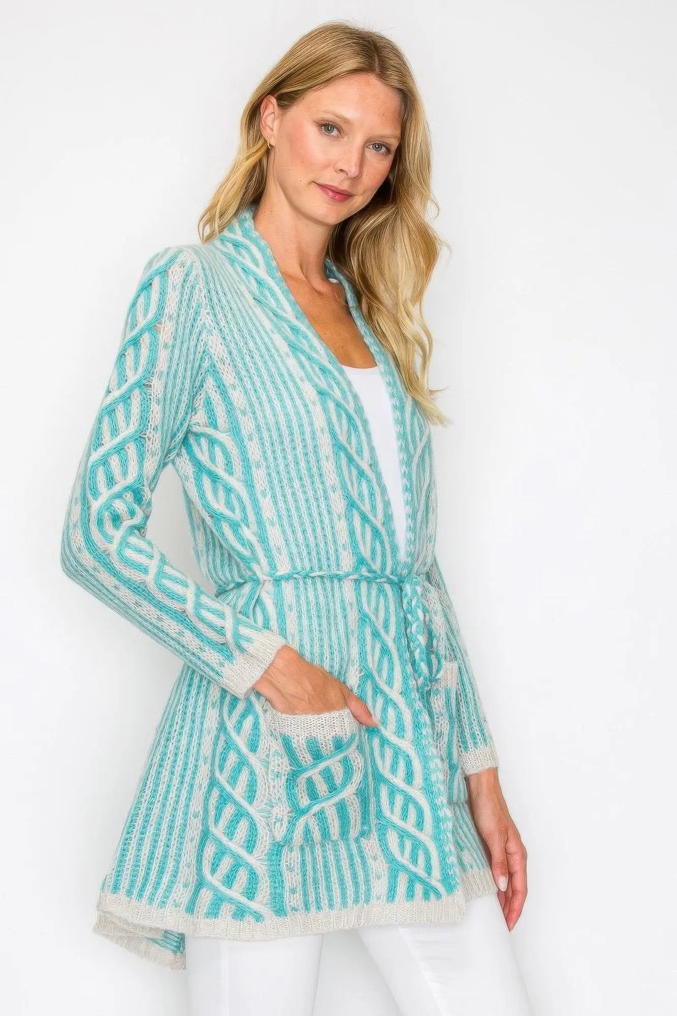 Open Wool Cardigan With Belt String & Front Pocket - DressAffection