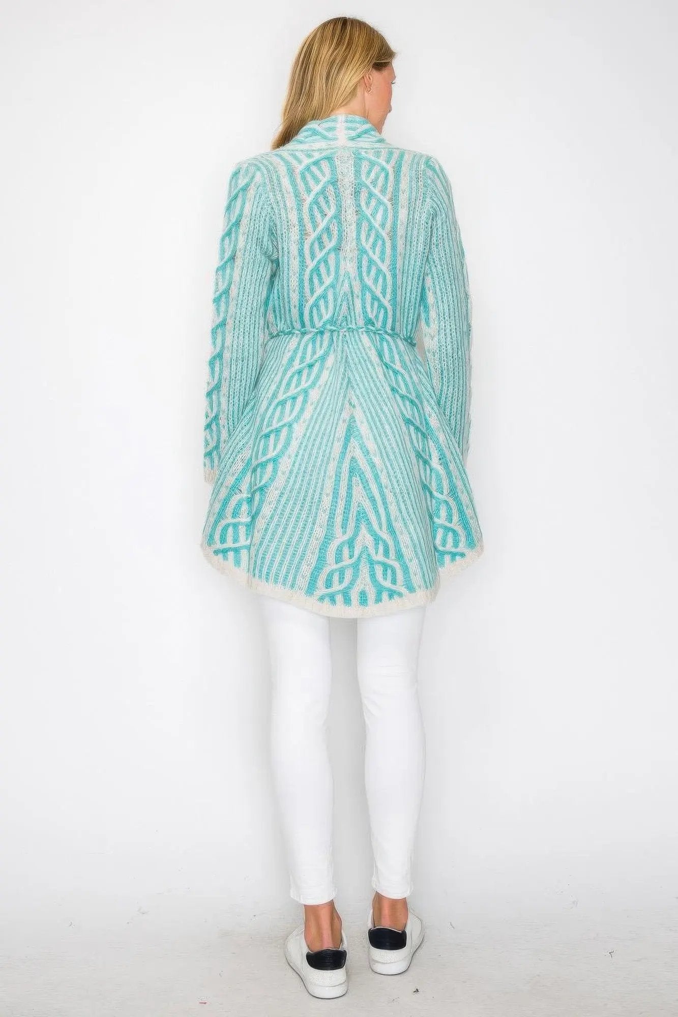 Open Wool Cardigan With Belt String & Front Pocket - DressAffection