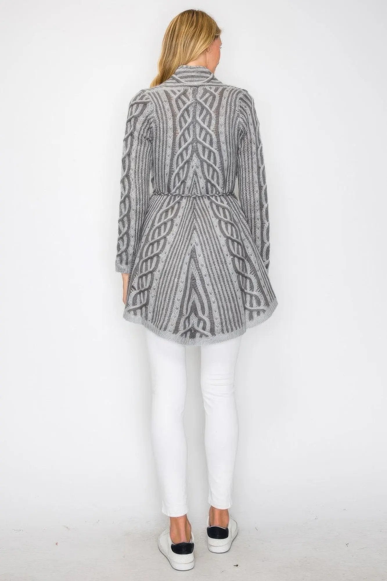 Open Wool Cardigan With Belt String & Front Pocket - DressAffection