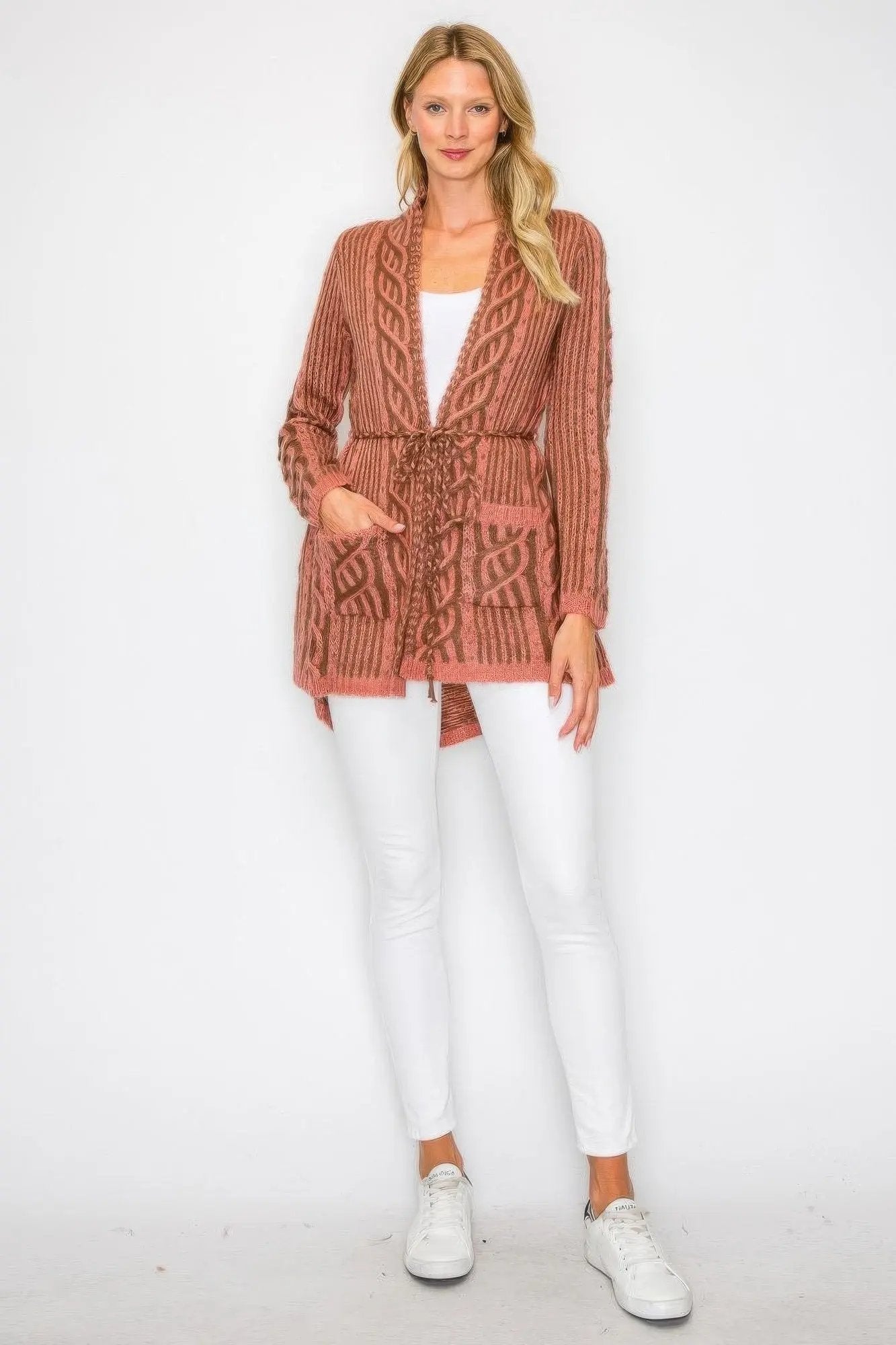 Open Wool Cardigan With Belt String & Front Pocket - DressAffection