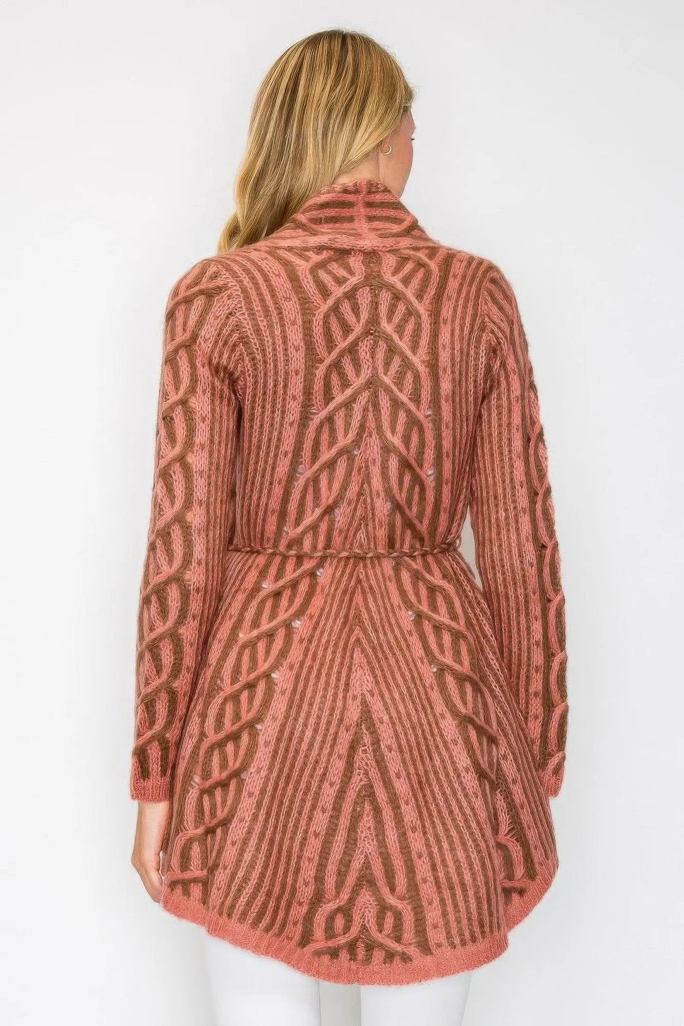 Open Wool Cardigan With Belt String & Front Pocket - DressAffection