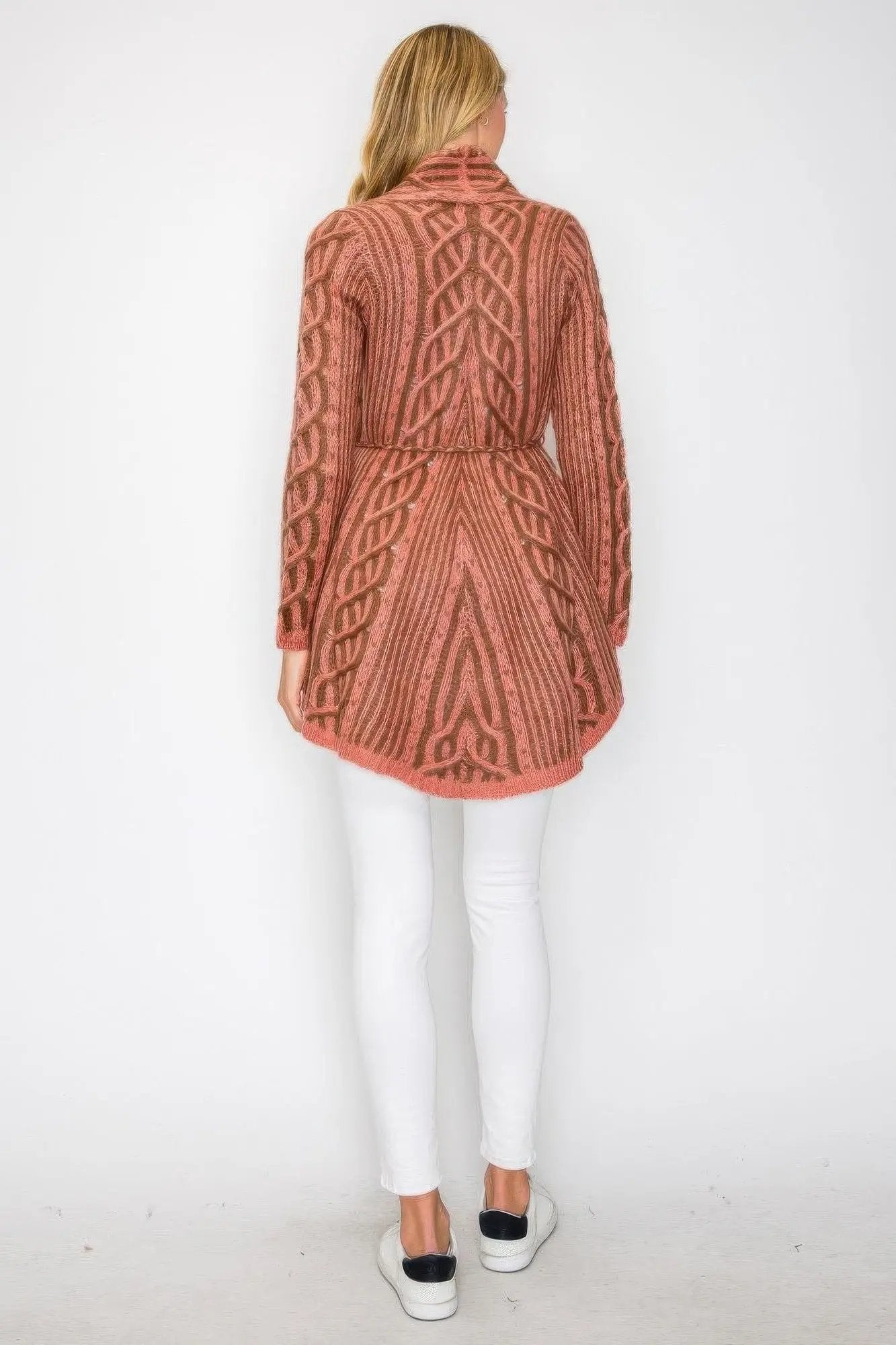 Open Wool Cardigan With Belt String & Front Pocket - DressAffection