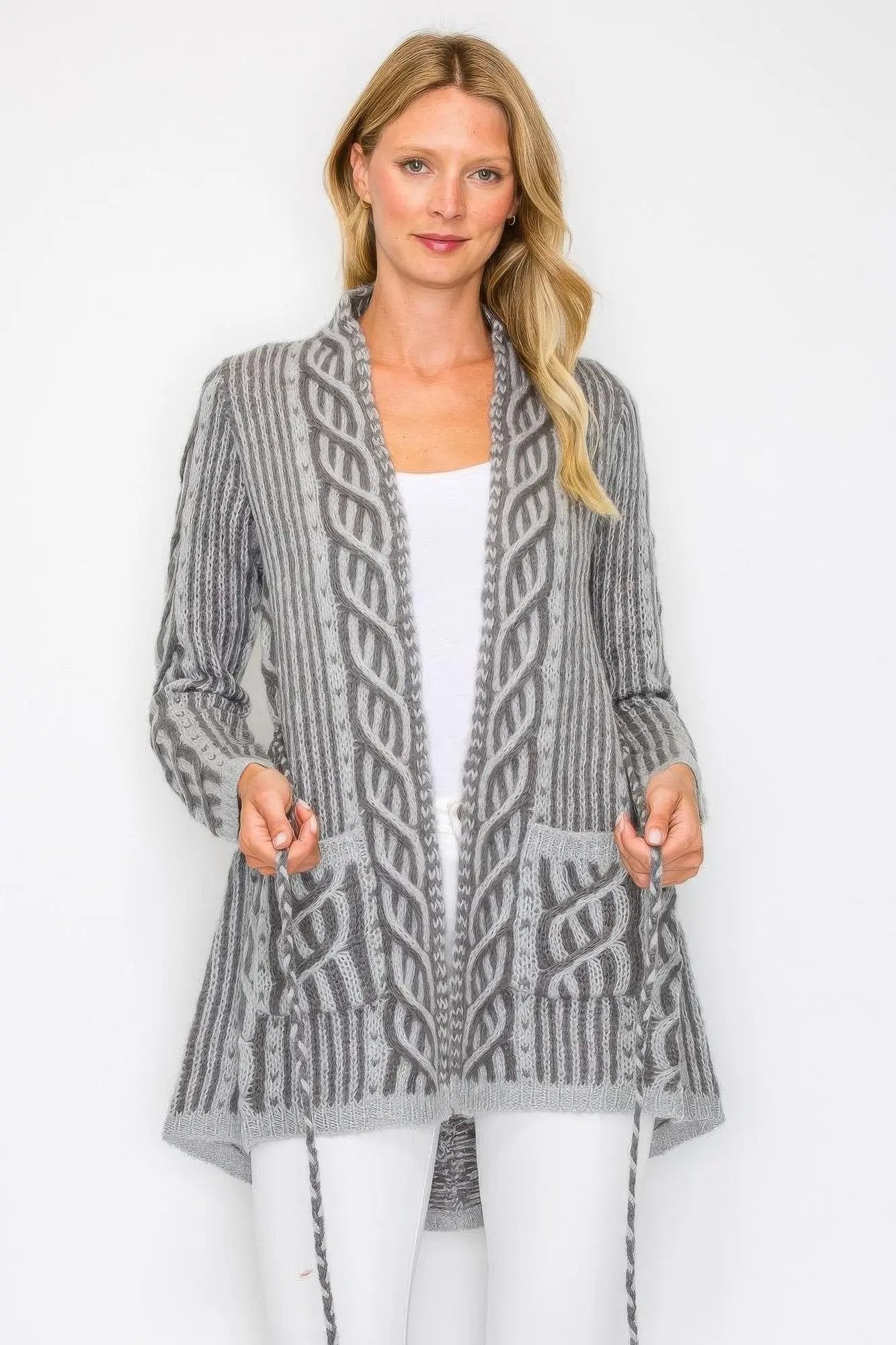 Open Wool Cardigan With Belt String & Front Pocket - DressAffection