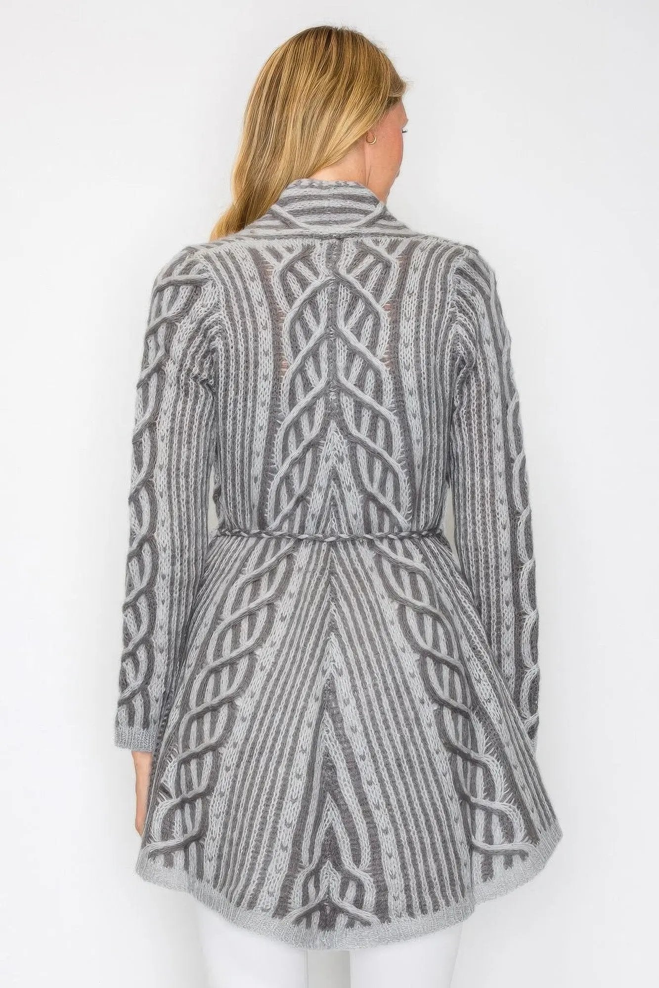 Open Wool Cardigan With Belt String & Front Pocket - DressAffection