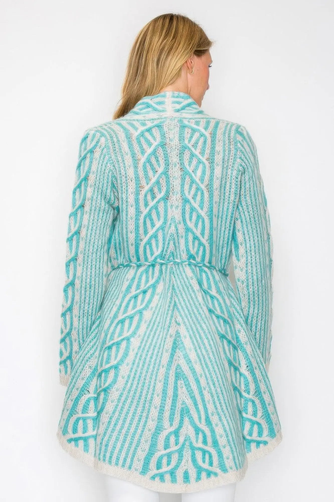 Open Wool Cardigan With Belt String & Front Pocket - DressAffection