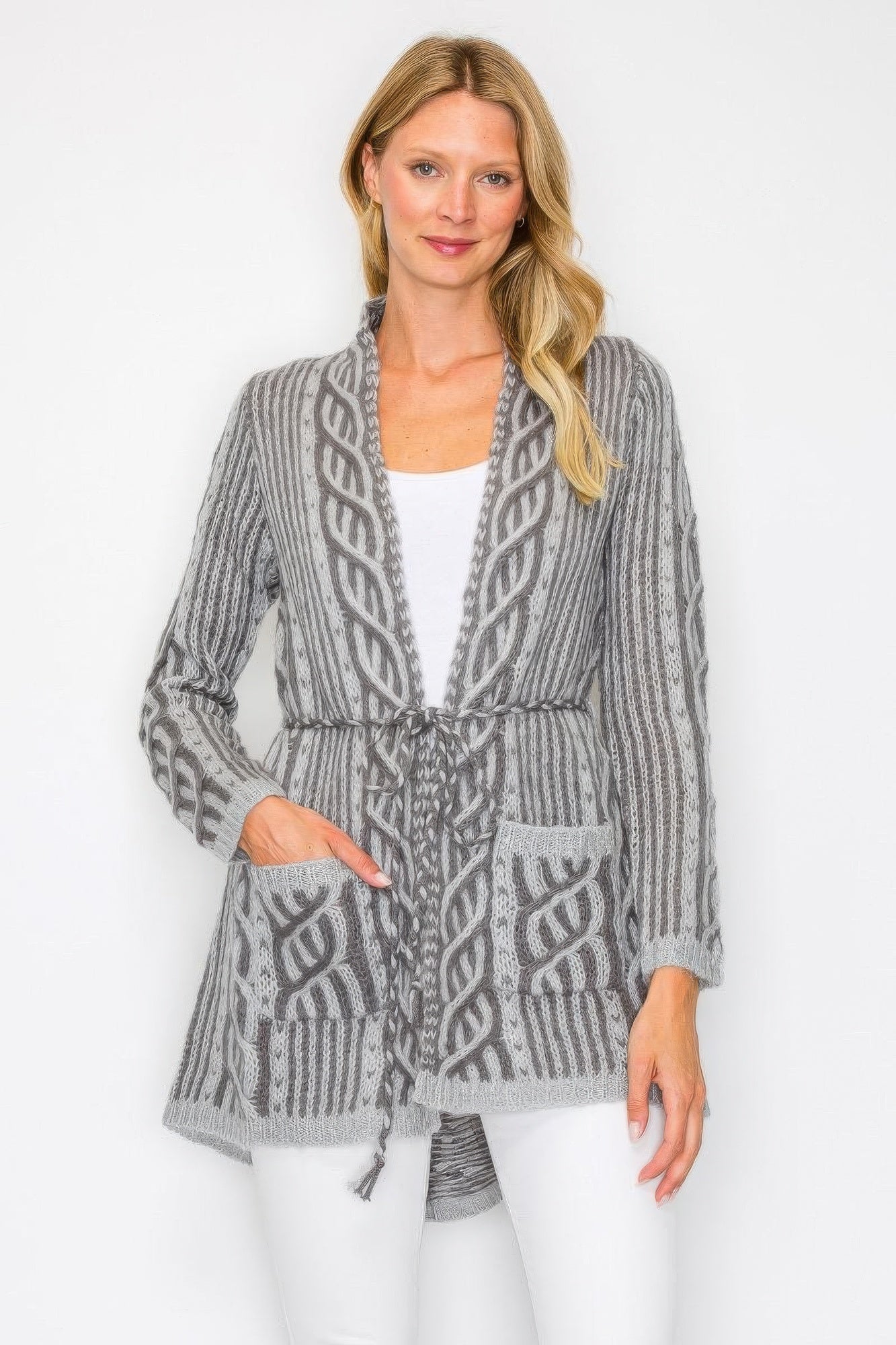Open Wool Cardigan With Belt String & Front Pocket - DressAffection