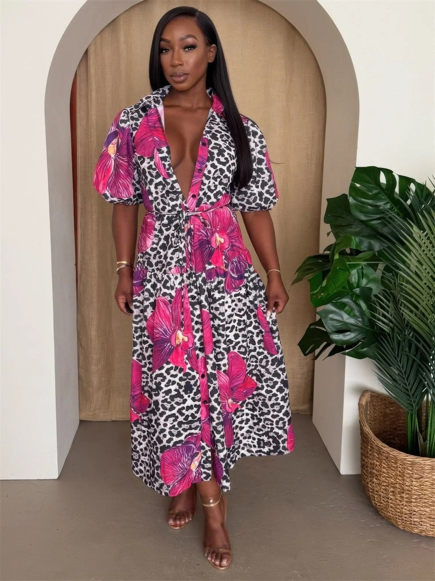 Orchid Pop Puff Sleeve Midi Resort Dress - DressAffection