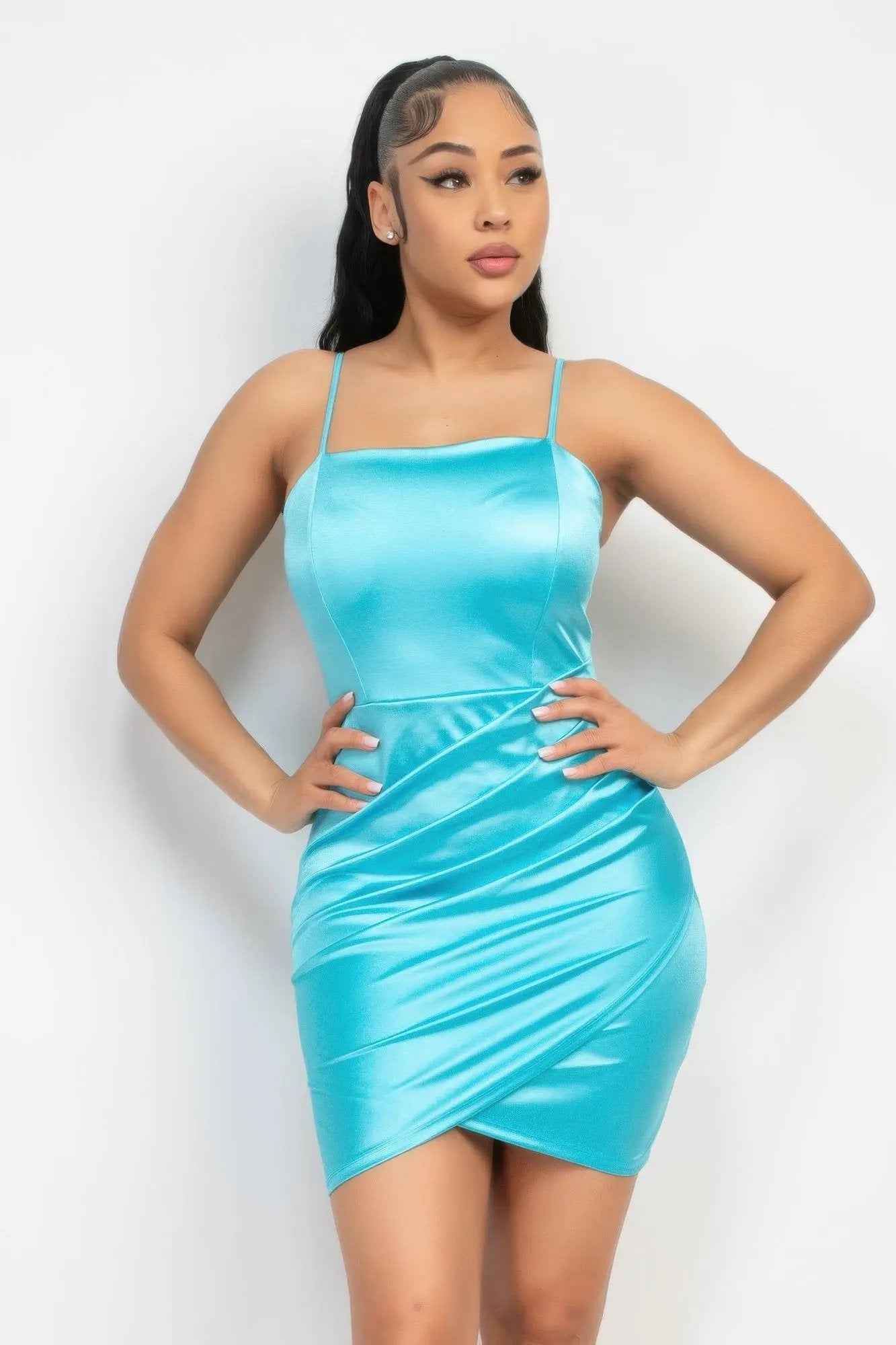 Overlapping Hem Shirred Satin Dress