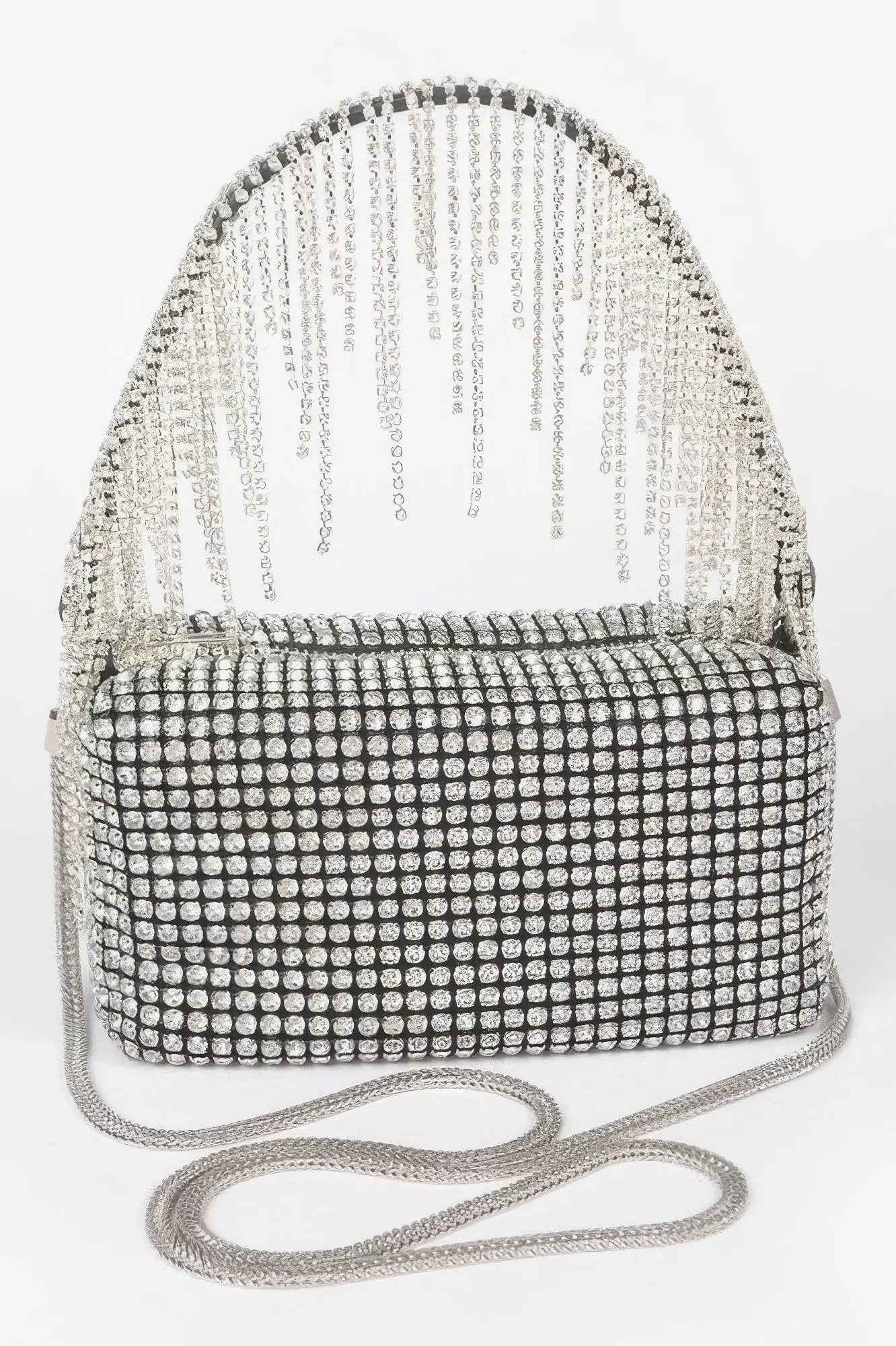 Oversized Rhinestone Fringe Strap Clutch