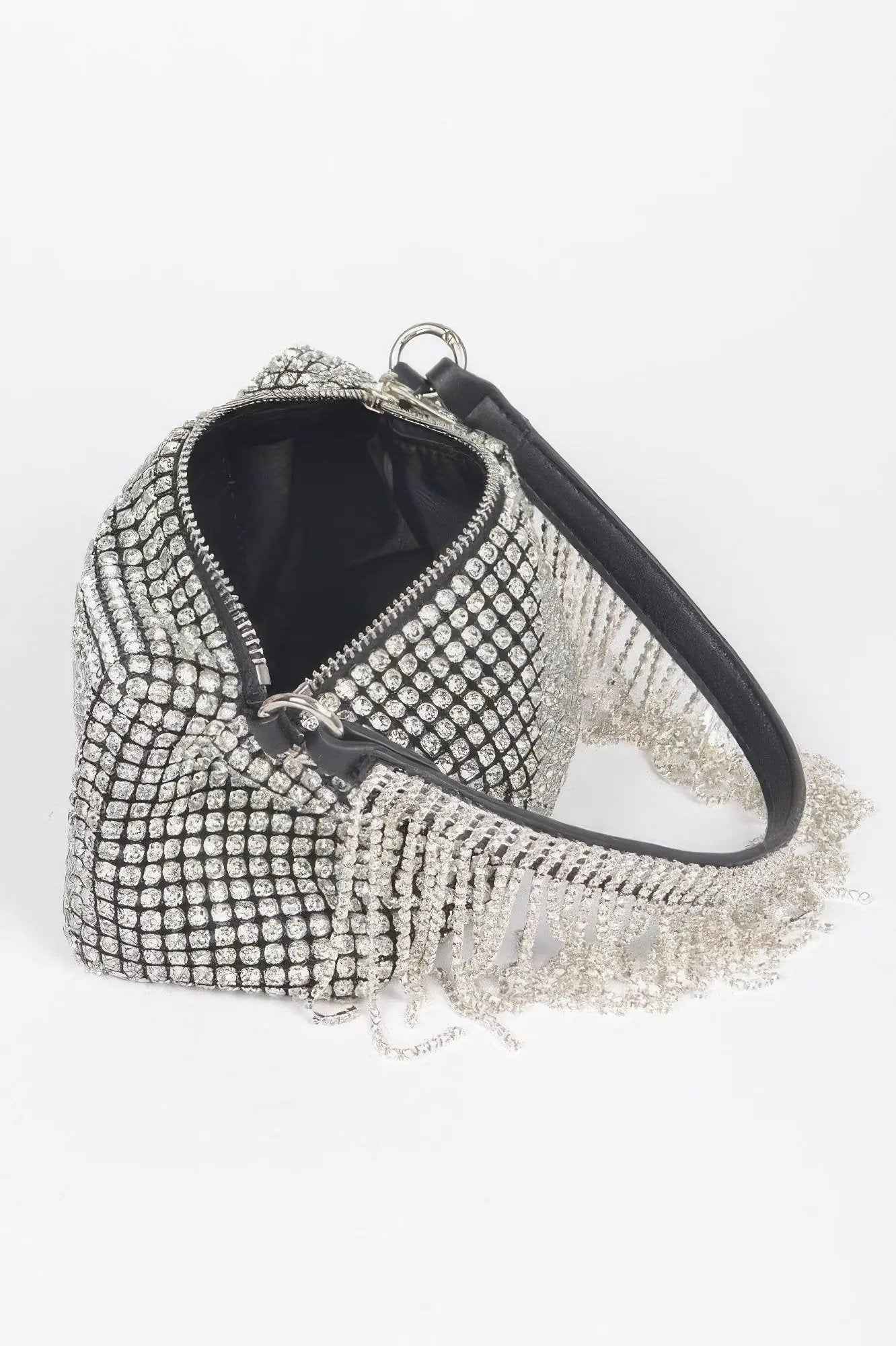 Oversized Rhinestone Fringe Strap Clutch