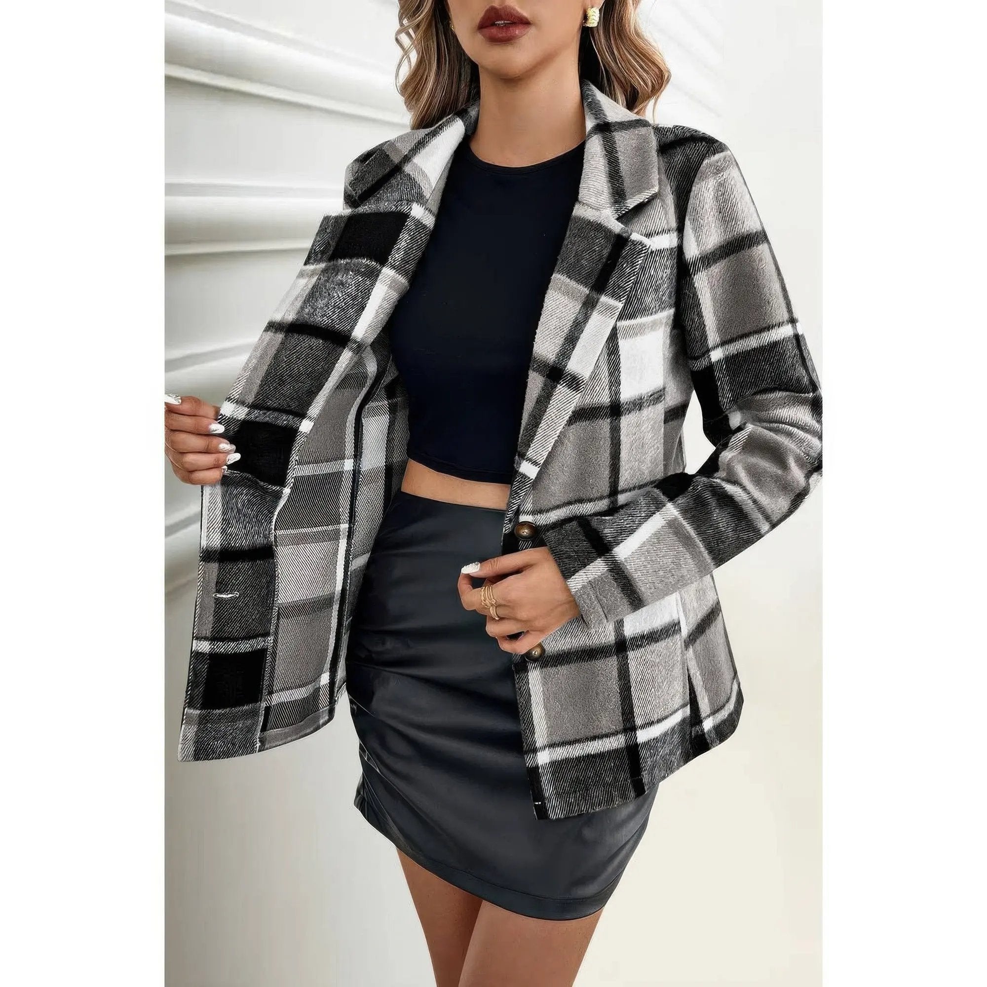 Plaid Lapel Collar Long Sleeve Button Coat - DressAffection