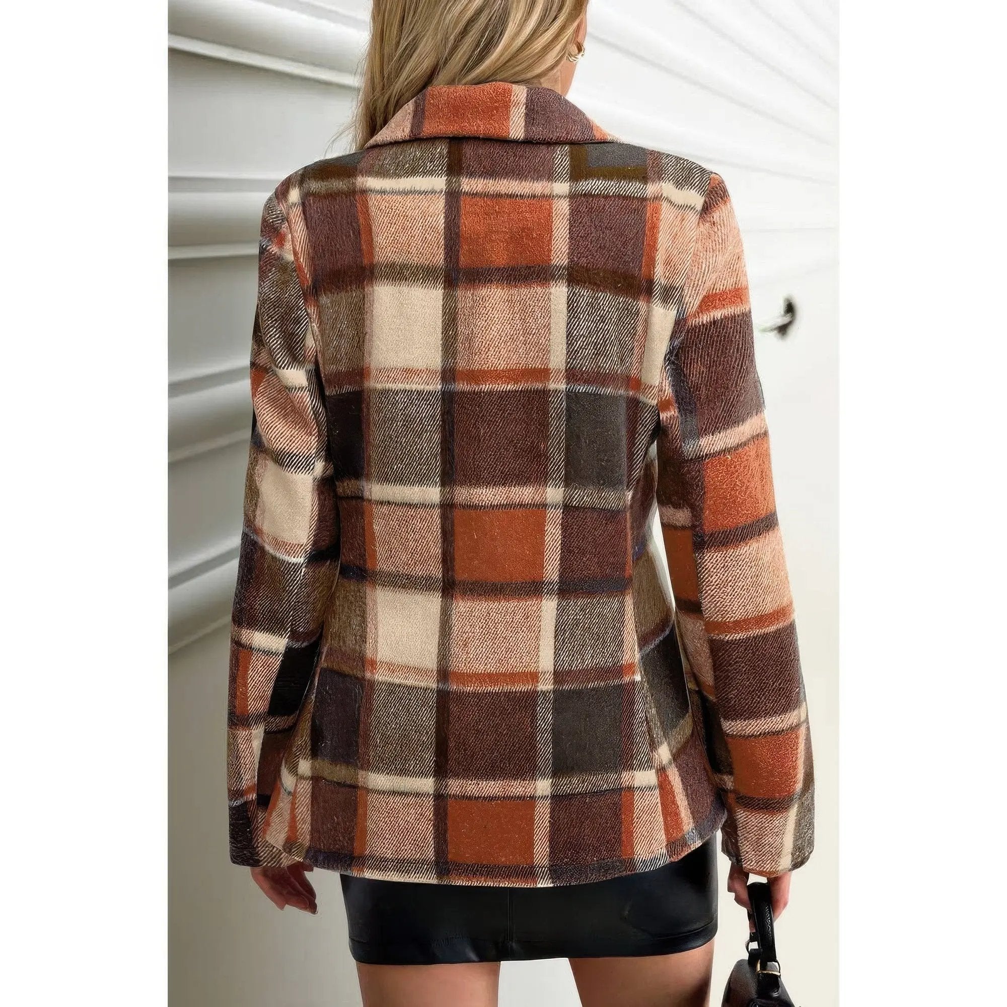 Plaid Lapel Collar Long Sleeve Button Coat - DressAffection