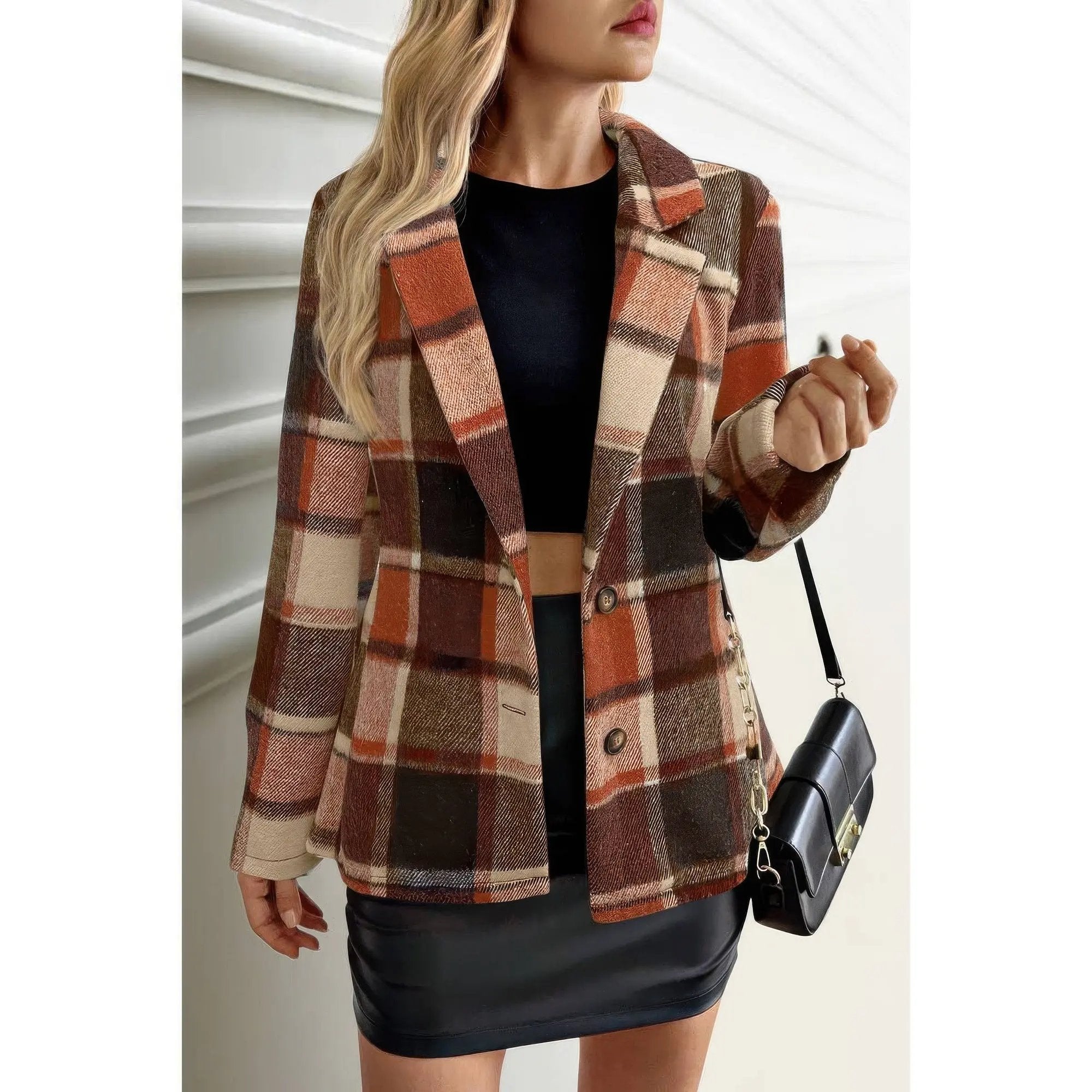 Plaid Lapel Collar Long Sleeve Button Coat - DressAffection