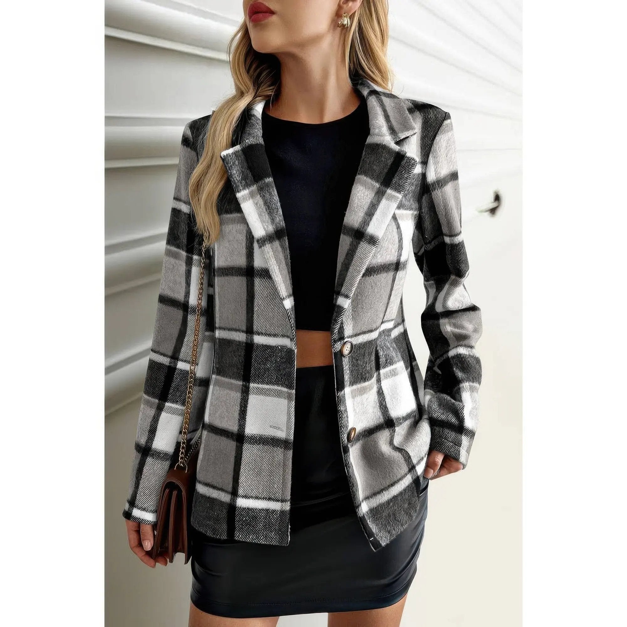 Plaid Lapel Collar Long Sleeve Button Coat - DressAffection
