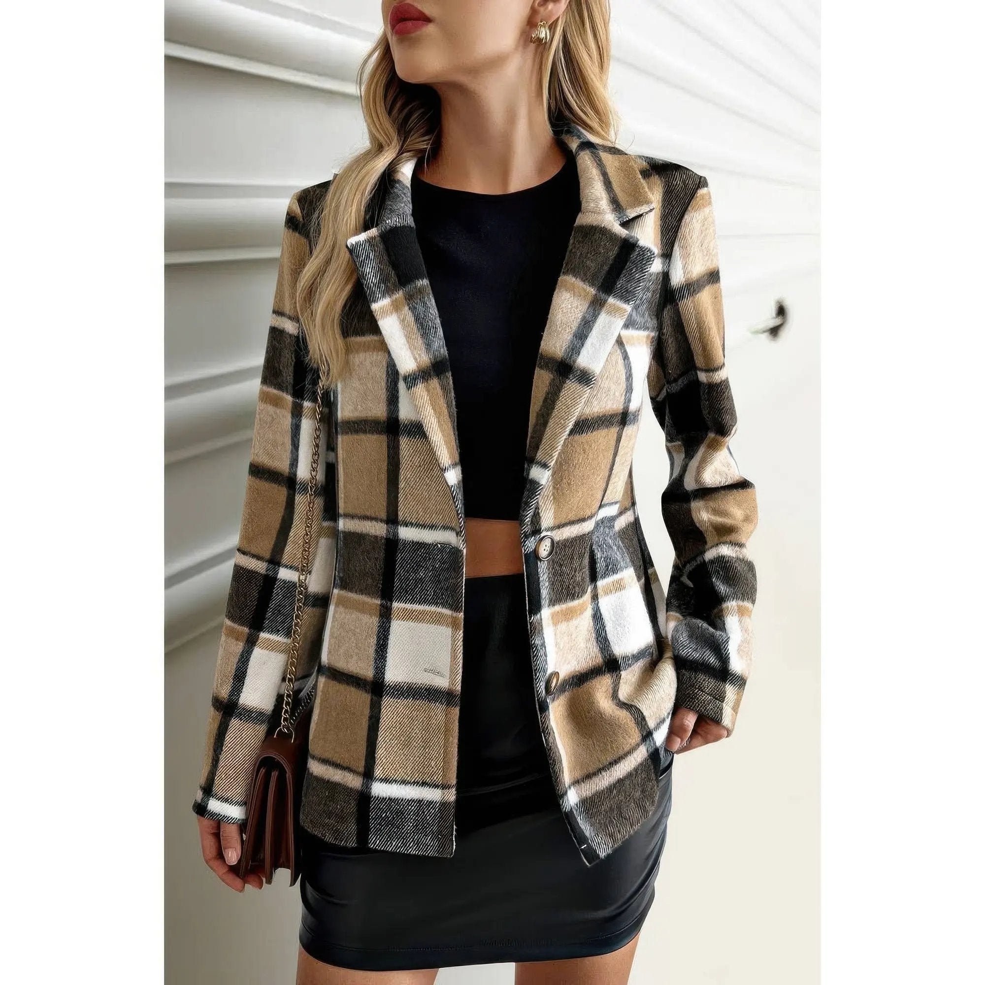 Plaid Lapel Collar Long Sleeve Button Coat - DressAffection