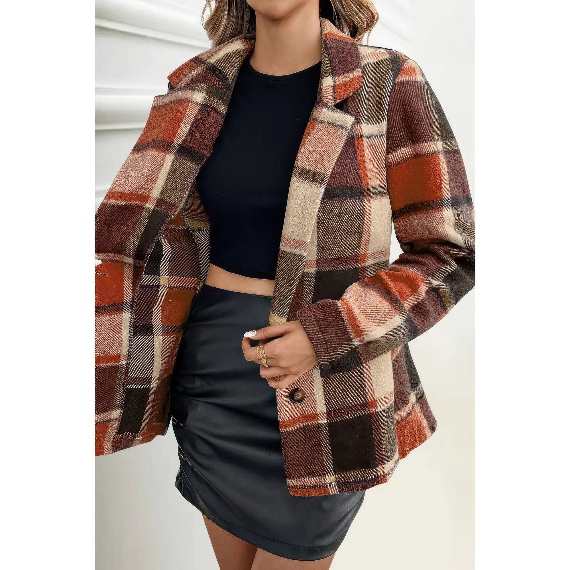 Plaid Lapel Collar Long Sleeve Button Coat - DressAffection
