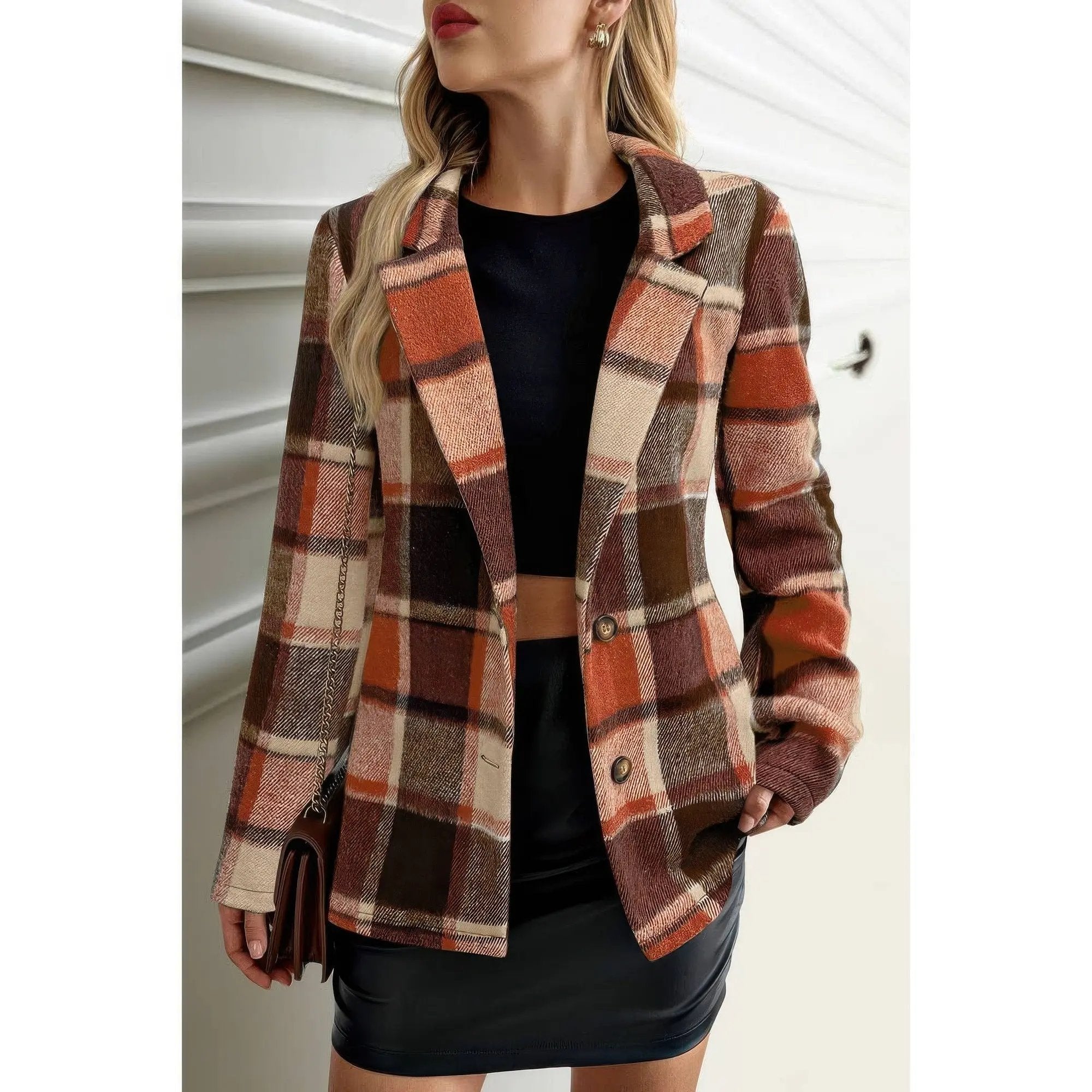 Plaid Lapel Collar Long Sleeve Button Coat - DressAffection