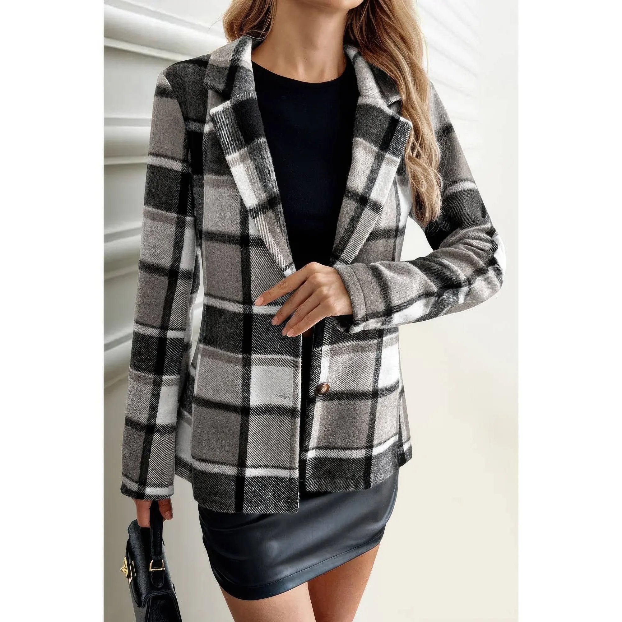 Plaid Lapel Collar Long Sleeve Button Coat - DressAffection
