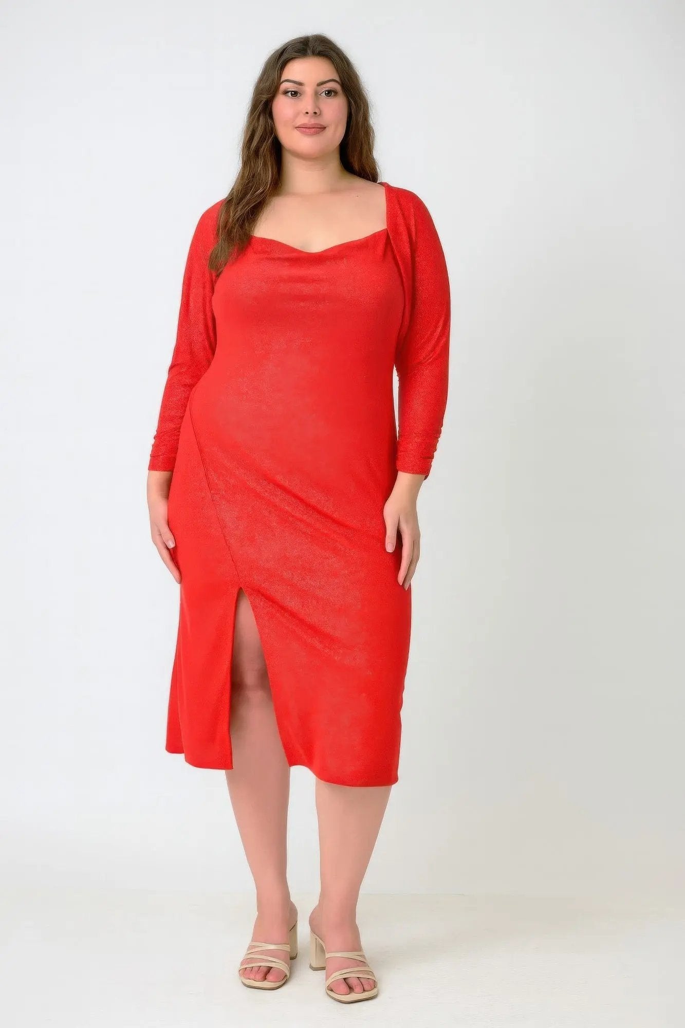 Plus Shimmer Midi Dress With Front Slit Dress Only - DressAffection