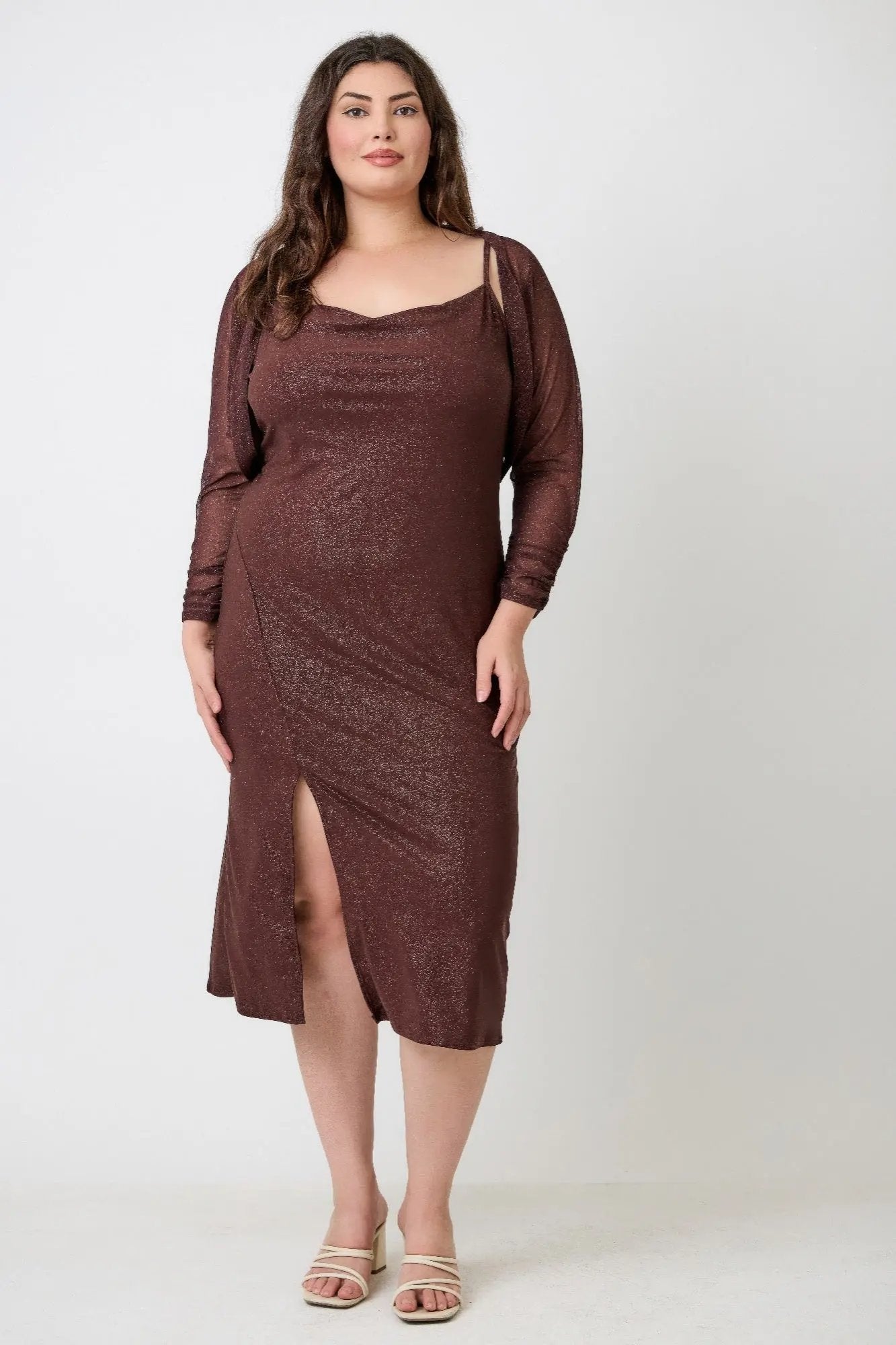 Plus Shimmer Midi Dress With Front Slit Dress Only - DressAffection