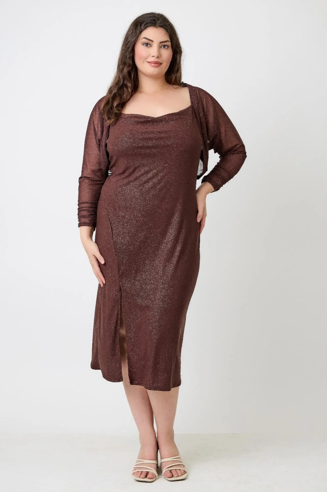 Plus Shimmer Midi Dress With Front Slit Dress Only - DressAffection