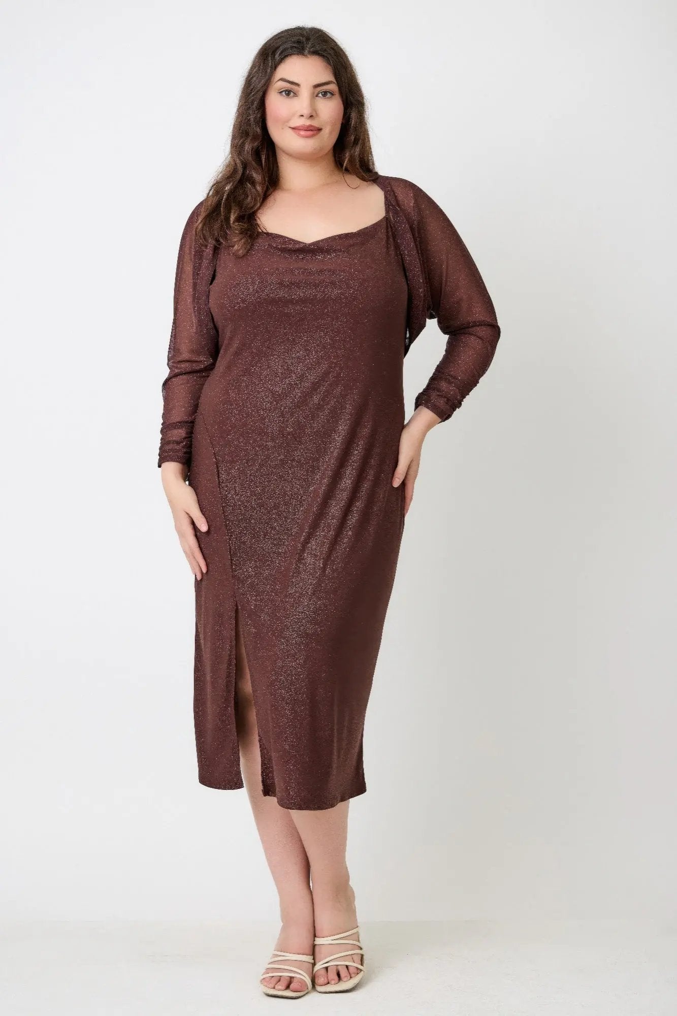 Plus Shimmer Midi Dress With Front Slit Dress Only - DressAffection